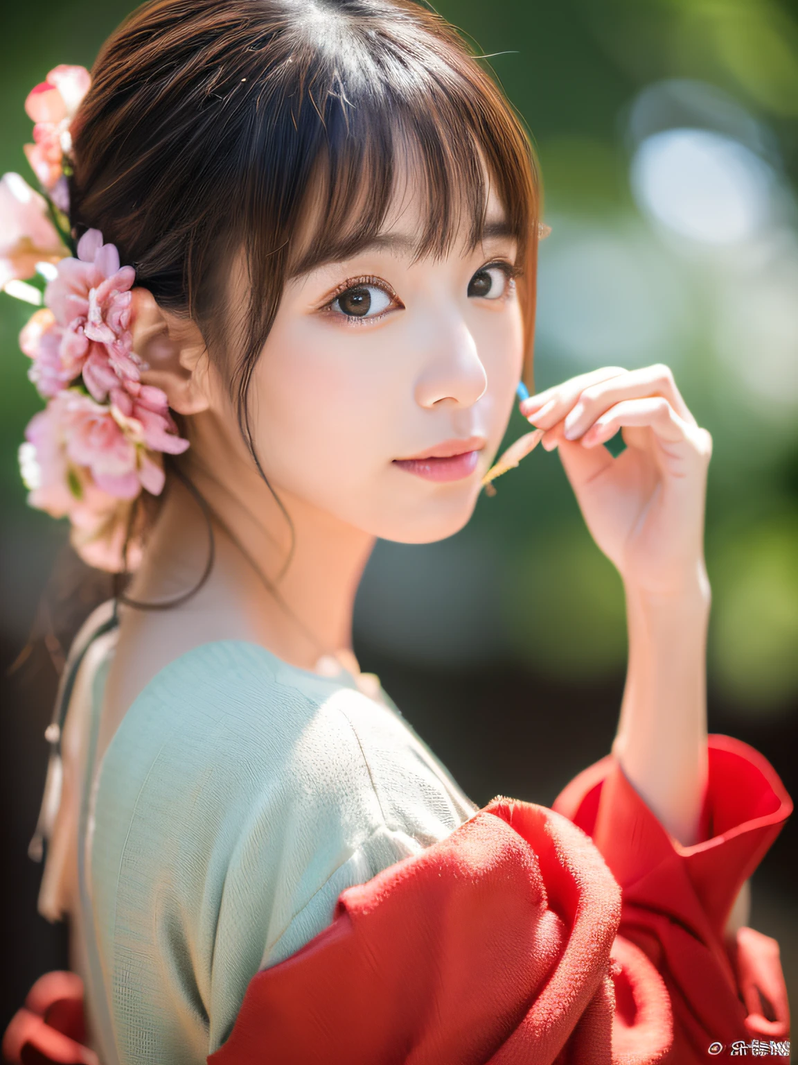 (extra detailed body、extra detailed face、best qualtiy:1.2)、femele、looking at the viewers、(japanes、Courtesan 16 years old)、(Confusion in Yoshiwara in the background:1.4)a smile