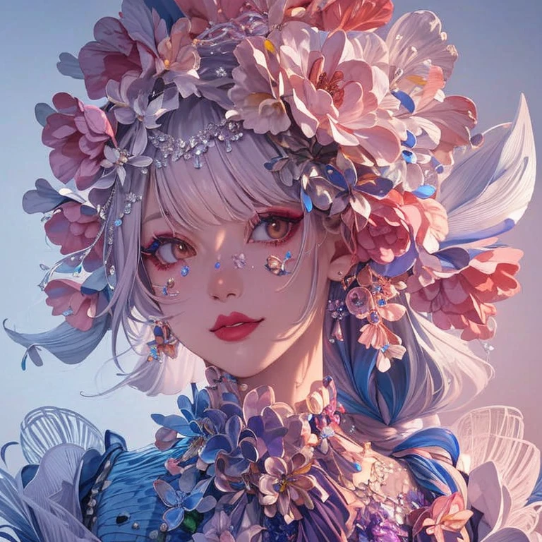 ((masutepiece)), (Best Quality), Official art, extremely details CG, Unity 8k壁纸, ultra-detailliert, 
Fashion_girl,  Colorful hair,  Jewelry,  flower,  Bold makeup, Silver Theme,  deepshadow,  The dim,  Shade, 
Portrait, (Upper body:1.5),