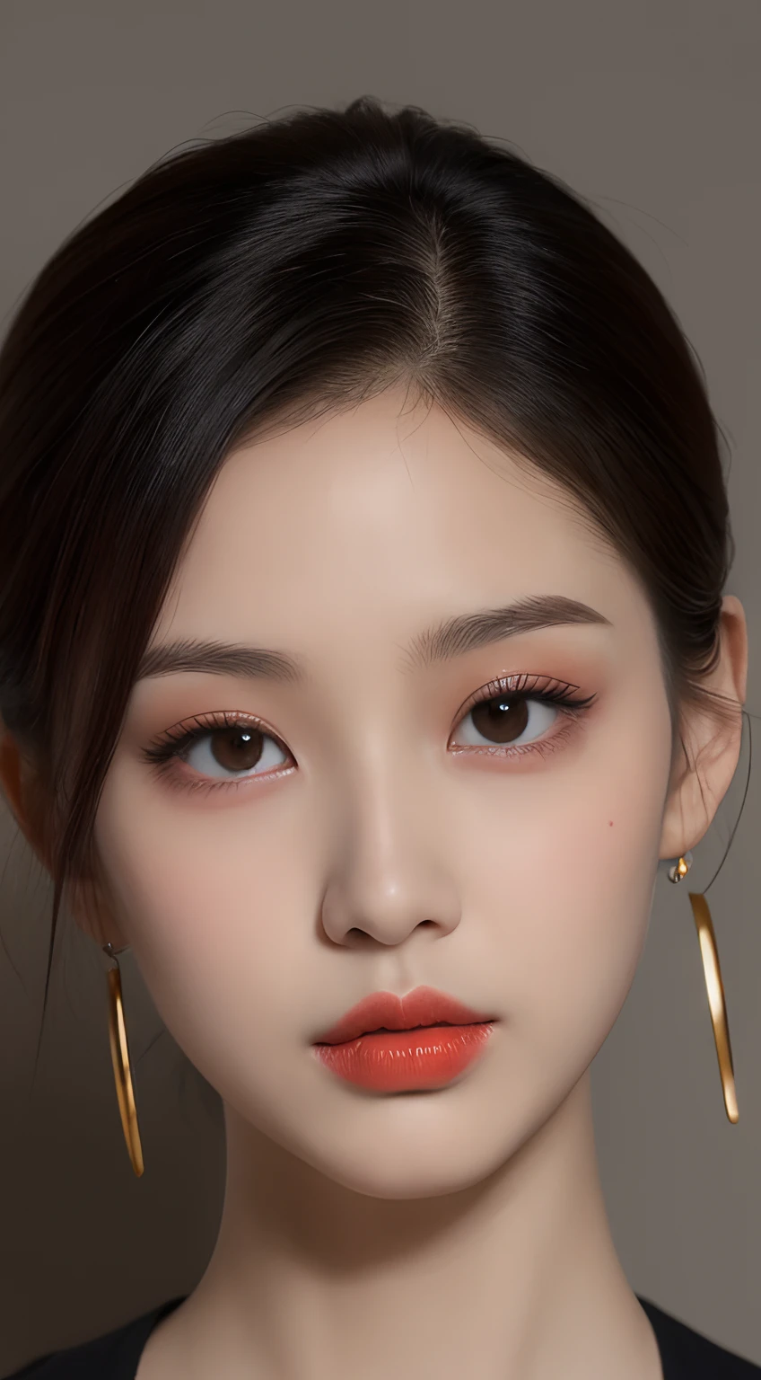 A close up of a woman with a black top and earrings - SeaArt AI