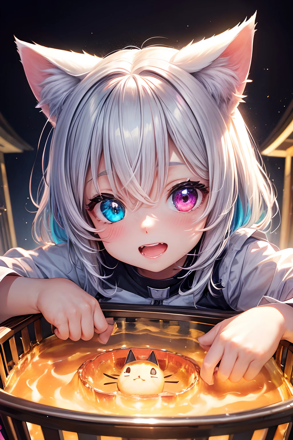 Top quality, high resolution, perfect human anatomy, background focus, front view, seven-color hair, glowing hair, cat ears, child, 3 years old, crib, living, heterochromia, teeth, shining hair, gradient eyes,