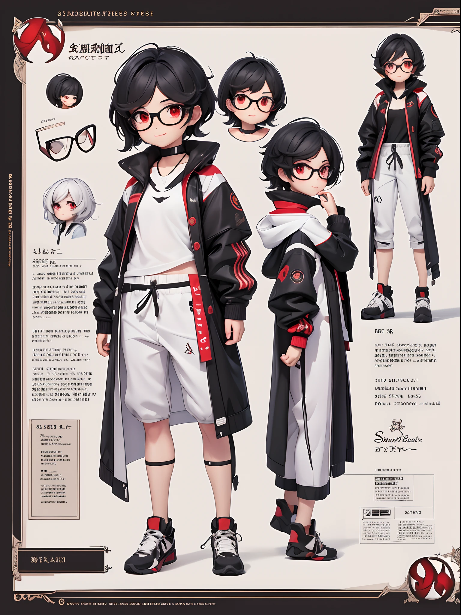((tmasterpiece)),(((best qualtiy))),(CharacterDesignSheet,Same role,frontage,Lateral face,on back),1 Red Devils,独奏,Short black hair,red eyes,tmasterpiece,best qualtiy,looking around a corner,full bodyesbian,A detailed,ssmile,sport outfit,Black rope,Glasses as an accessory,charturnbetalora,concept-art,concept art of character,Character sketches,reference sheet,Role table,(simplebackground,white backgrounid: 1.3)