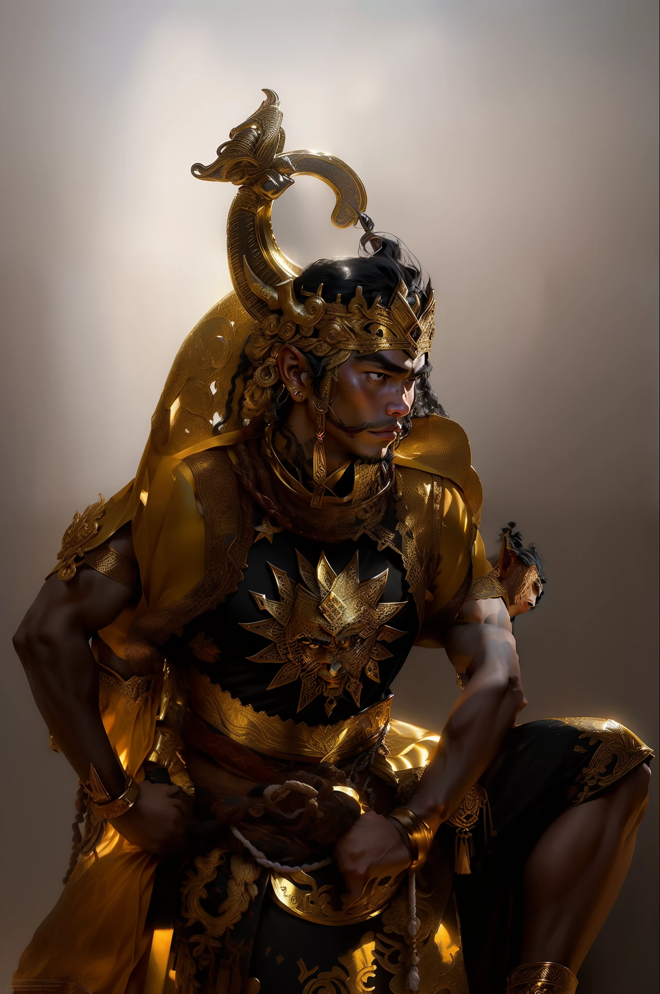 arafed man in a costume sitting on a stool with a sword, javanese mythology, samsara, inspired by I Ketut Soki, wearing an elaborate helmet, tai costume, trending photo, ancient indonesia, ramil sunga, mythological, indonesia national geographic, by I Ketut Soki, yan gisuka, traditional clothes, actor, Solo, the dragon jammed (1male, strong, wearing armor, black hair, light brown skin, Italian) in a strong pose ((masterpiece), best quality, ultra high resolution, sharp focus). Dark fantasy style