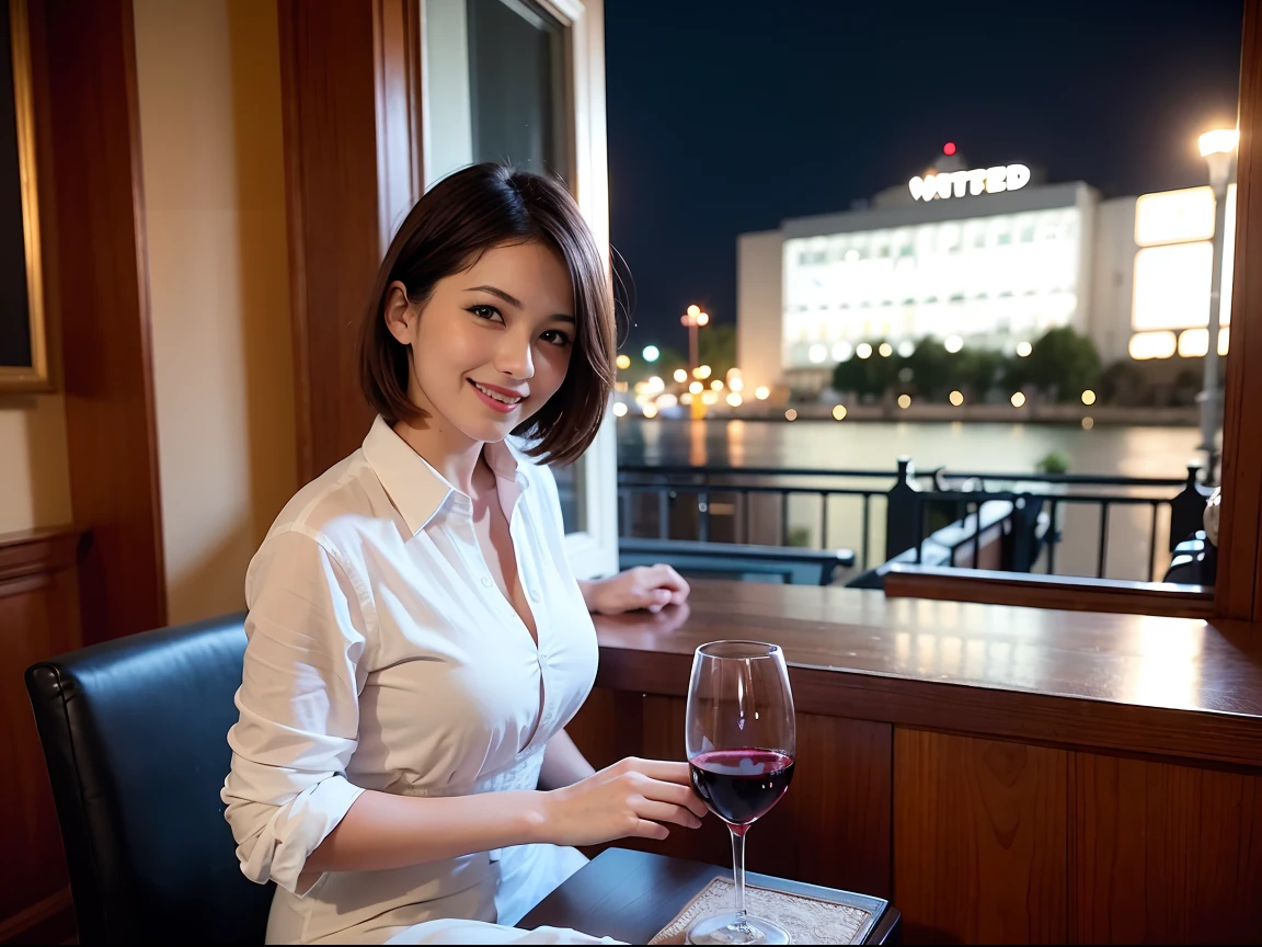 (64k uhd、nffsw、top-quality、​masterpiece:1.2)、(realisitic、Photorealsitic:1.37)、Beautuful Women、Woman with good posture、japanes、Italian woman、French woman、A beautiful woman with a nice smile、Pretty women、(Slim Faces)、(Slim body)、（brawn hair）、(short-cut)、Short sleeved shirt、Neat and clean dress、Suits、Half Beauty、Longhaire、Wine Party、(45 yers old)、48yo、Wine lover、enjoying a glass of wine、Beautiful detailed urban night view outside the window、resturant、Have a glass of wine、Italian food on the table、(from waist up)、Beautuful Women、Beauty Witch、date、(A smile:1.15)、Beautiful fine eyes、Sitting on a chair、natta、(short-hair:1.2)、Float NovaFrogStyle、女優、modeled、from waist up、wine bottle、white wine、Slimed、wine glasses、red wine、Happy smile、Super Blessed