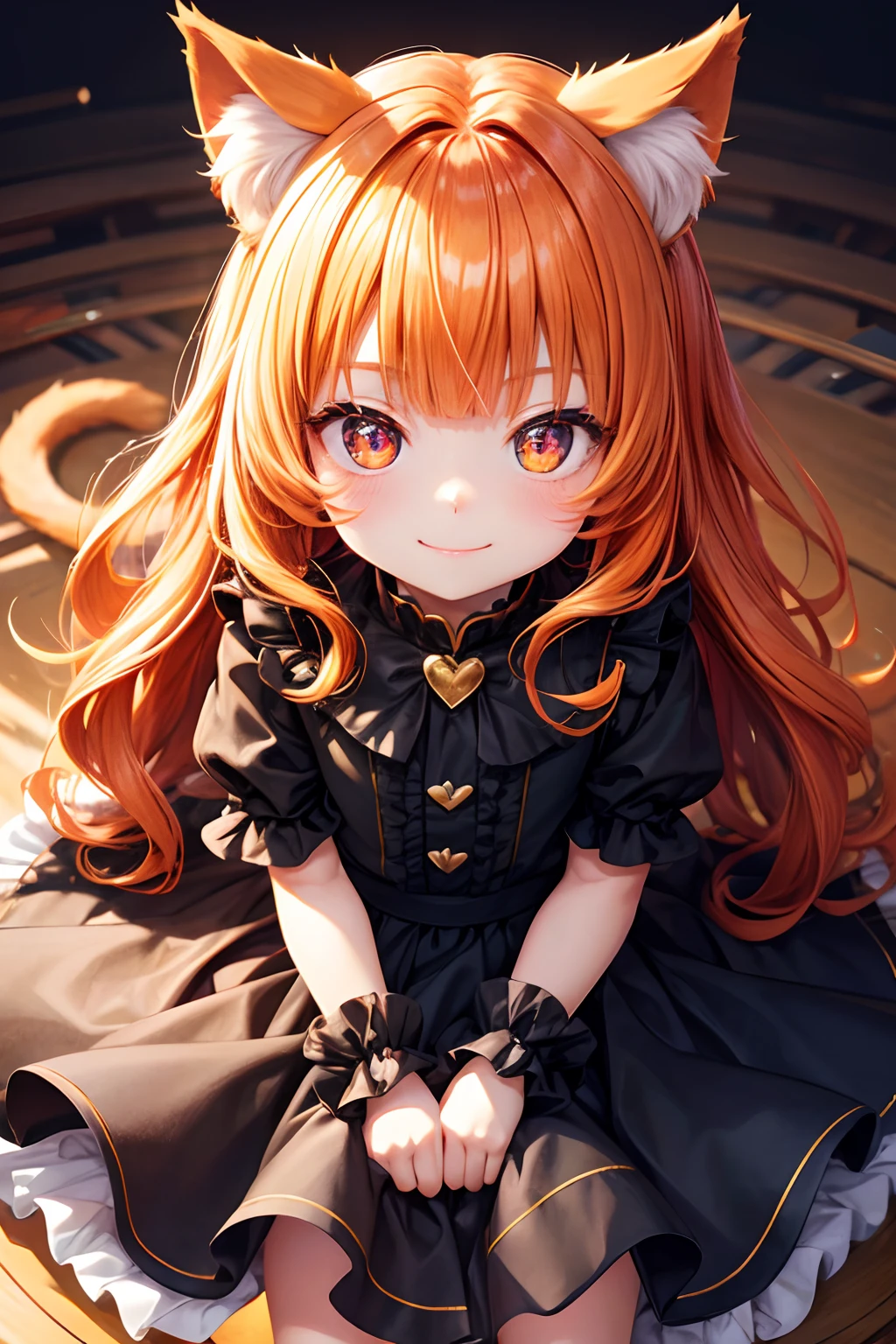 Top quality, high resolution, perfect human structure, background focus, front view, , child, orange hair, shiny hair, cat ears, heart shaped pupils, blunt bangs, wavy hair, shiny hair, evil smile, gradient eyes, frilly ruffled skirt