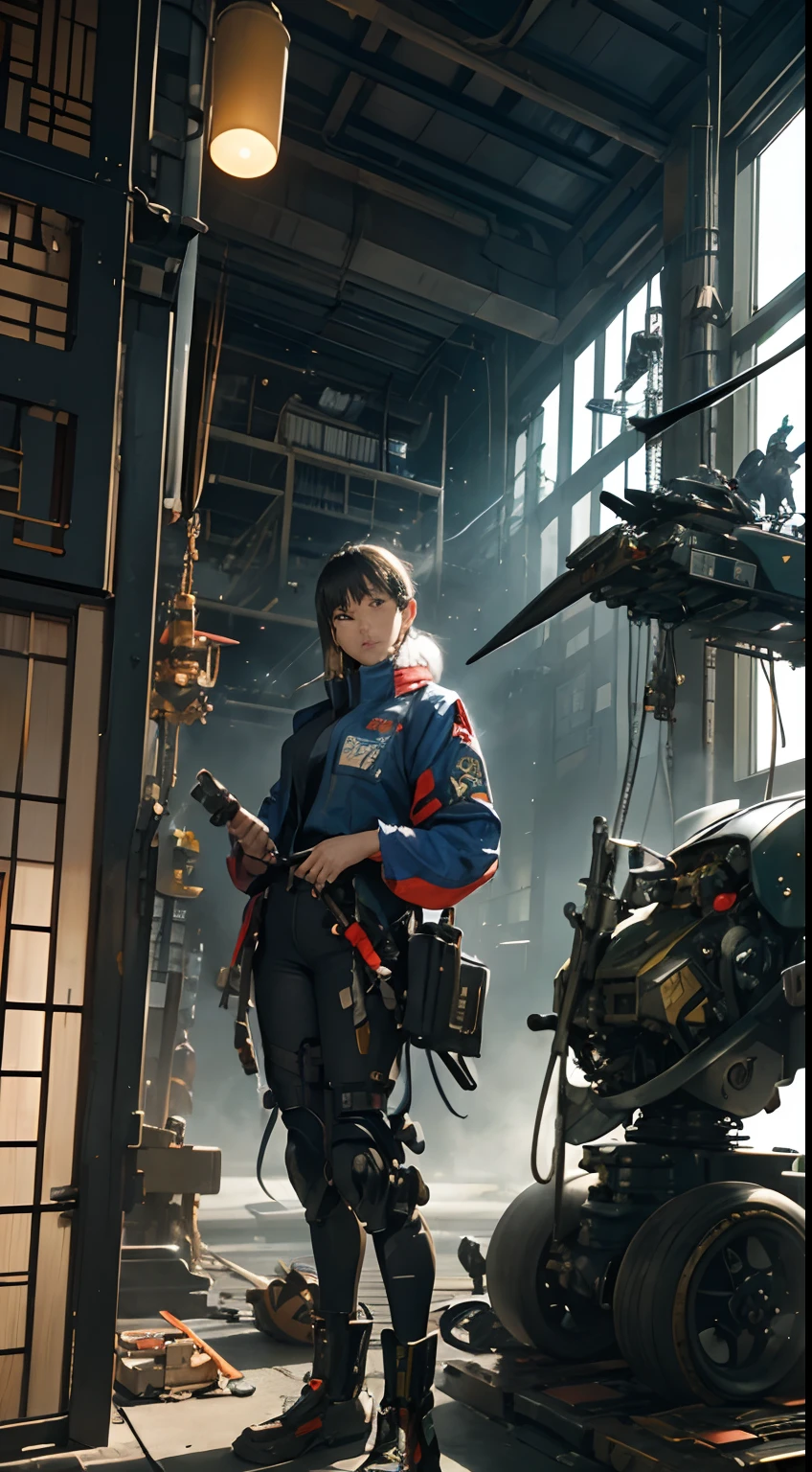 Masamune Shirow, katsuhiro Otomo, Katsuya Terada, John Berkey, Surreal, mysterious, strange, fantastical, fantasy, Sci-fi, Japanese anime, robot maintenance factory, beautiful girl in maintenance clothes, perfect voluminous body, holding tools in one hand, repairing robots, detailed masterpiece realistic fine lines