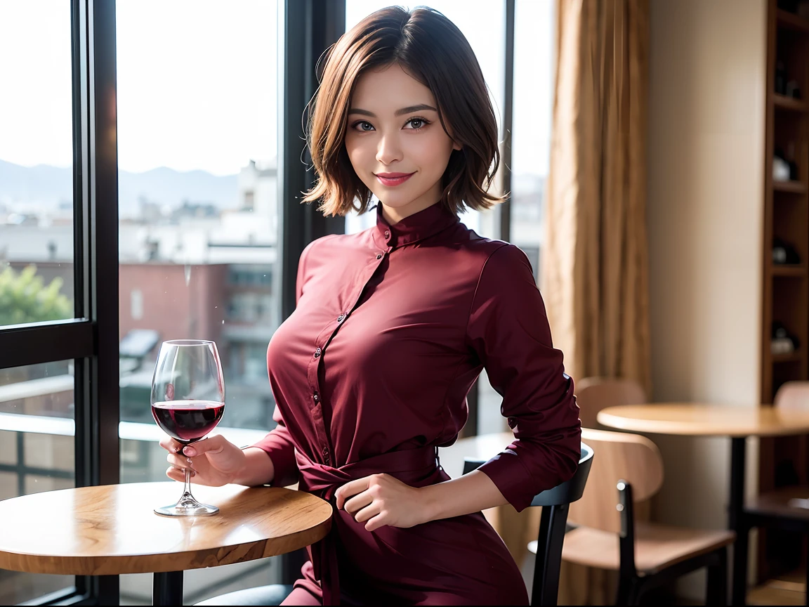 (64k uhd、nffsw、top-quality、​masterpiece:1.2)、(realisitic、Photorealsitic:1.37)、Beautuful Women、Woman with good posture、japanes、Italian woman、French woman、A beautiful woman with a nice smile、Pretty women、(Slim Faces)、(Slim body)、（brawn hair）、(short-cut)、Short sleeved shirt、Neat and clean dress、Suits、Half Beauty、Longhaire、Wine Party、(45 yers old)、48yo、Wine lover、enjoying a glass of wine、Beautiful detailed urban night view outside the window、resturant、Have a glass of wine、Italian food on the table、(from waist up)、Beautuful Women、Beauty Witch、date、(A smile:1.15)、Beautiful fine eyes、Sitting on a chair、natta、(short-hair:1.2)、Float NovaFrogStyle、女優、modeled、from waist up、wine bottle、white wine、Slimed、wine glasses、red wine、Happy smile、Super Blessed