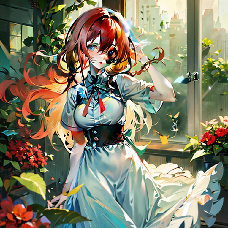 Anime girl with long red hair and blue dress standing in front of the window, Cute anime waifu in a nice dress, Beautiful Anime Portrait, guweiz on pixiv artstation, Beautiful anime girl, Trending on ArtStation pixiv, guweiz on artstation pixiv, beautiful anime art, beautiful anime artwork, cushart krenz key art feminine