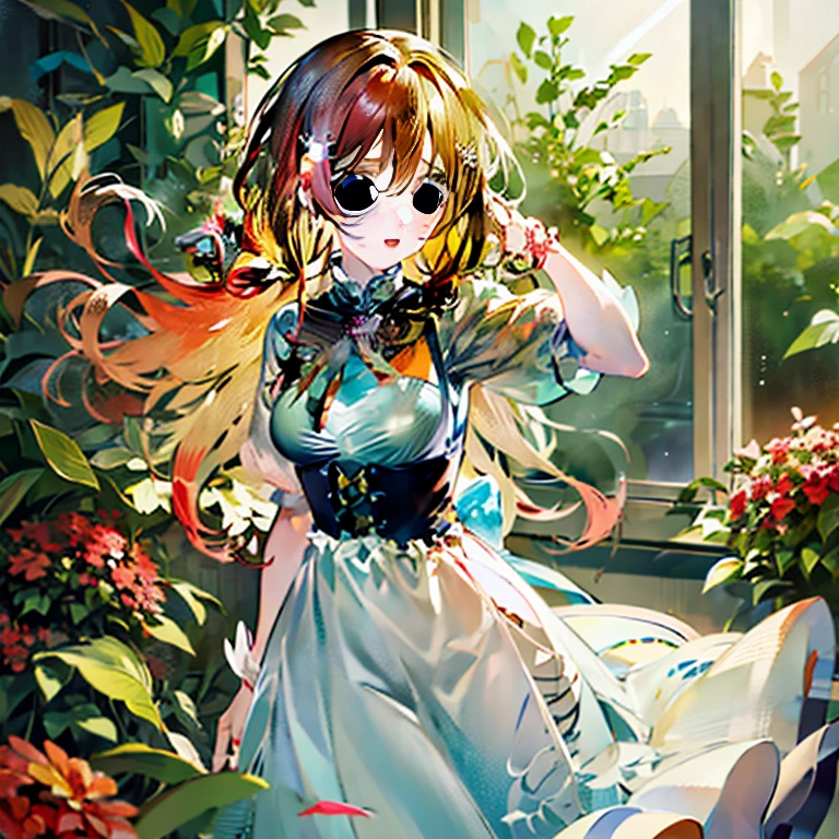 Anime girl with long red hair and blue dress standing in front of the window, Cute anime waifu in a nice dress, Beautiful Anime Portrait, guweiz on pixiv artstation, Beautiful anime girl, Trending on ArtStation pixiv, guweiz on artstation pixiv, beautiful anime art, beautiful anime artwork, cushart krenz key art feminine