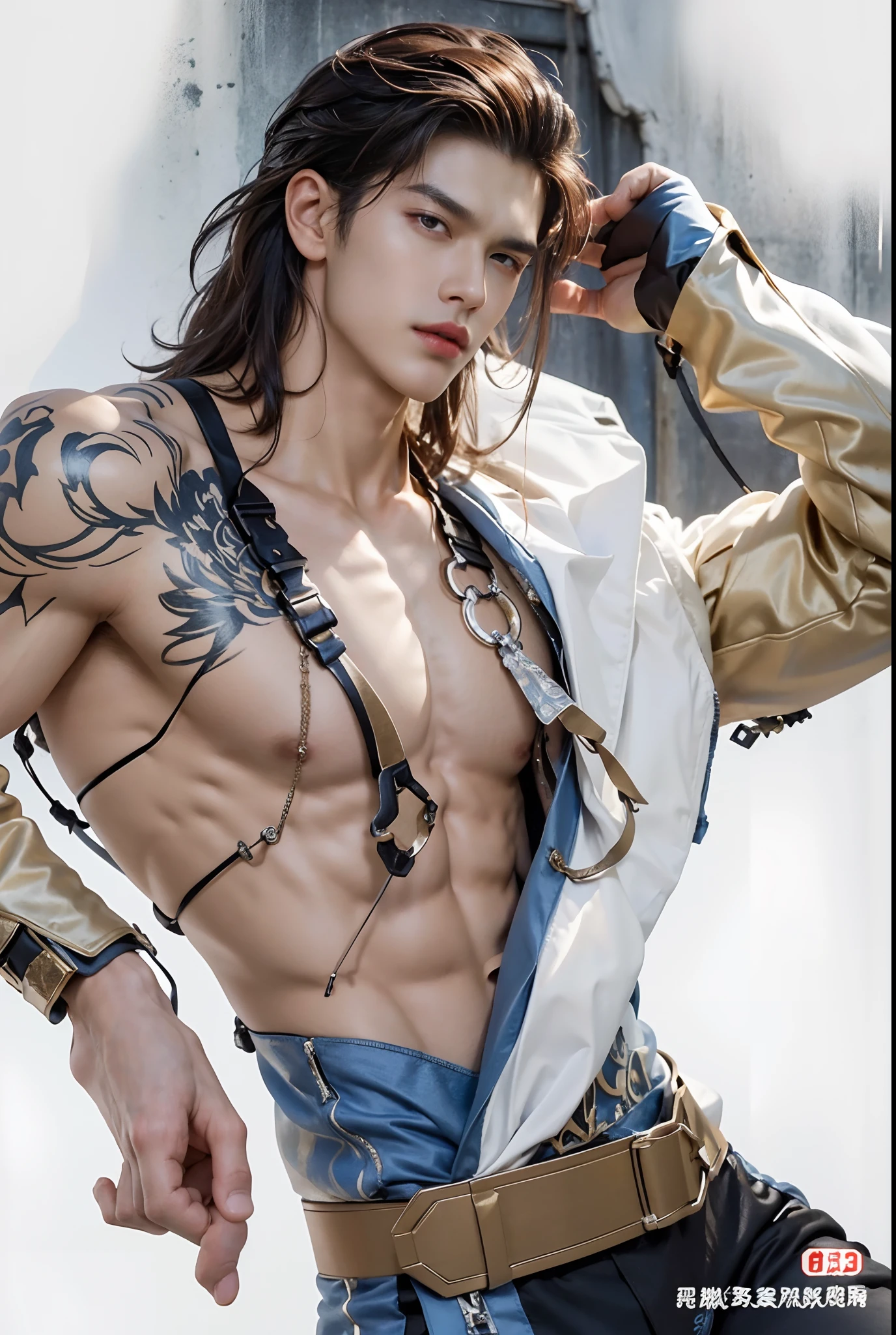 Sculpture design,Figures,GK model,male people,(The whole body of the character),Expose muscles,(sexy for),(Exquisite base),Wu Yifan,The color is bright,Rich in color,Handsome cybernetic boy looking at camera lingerie detailed muscular reality masterpiece,musculous,