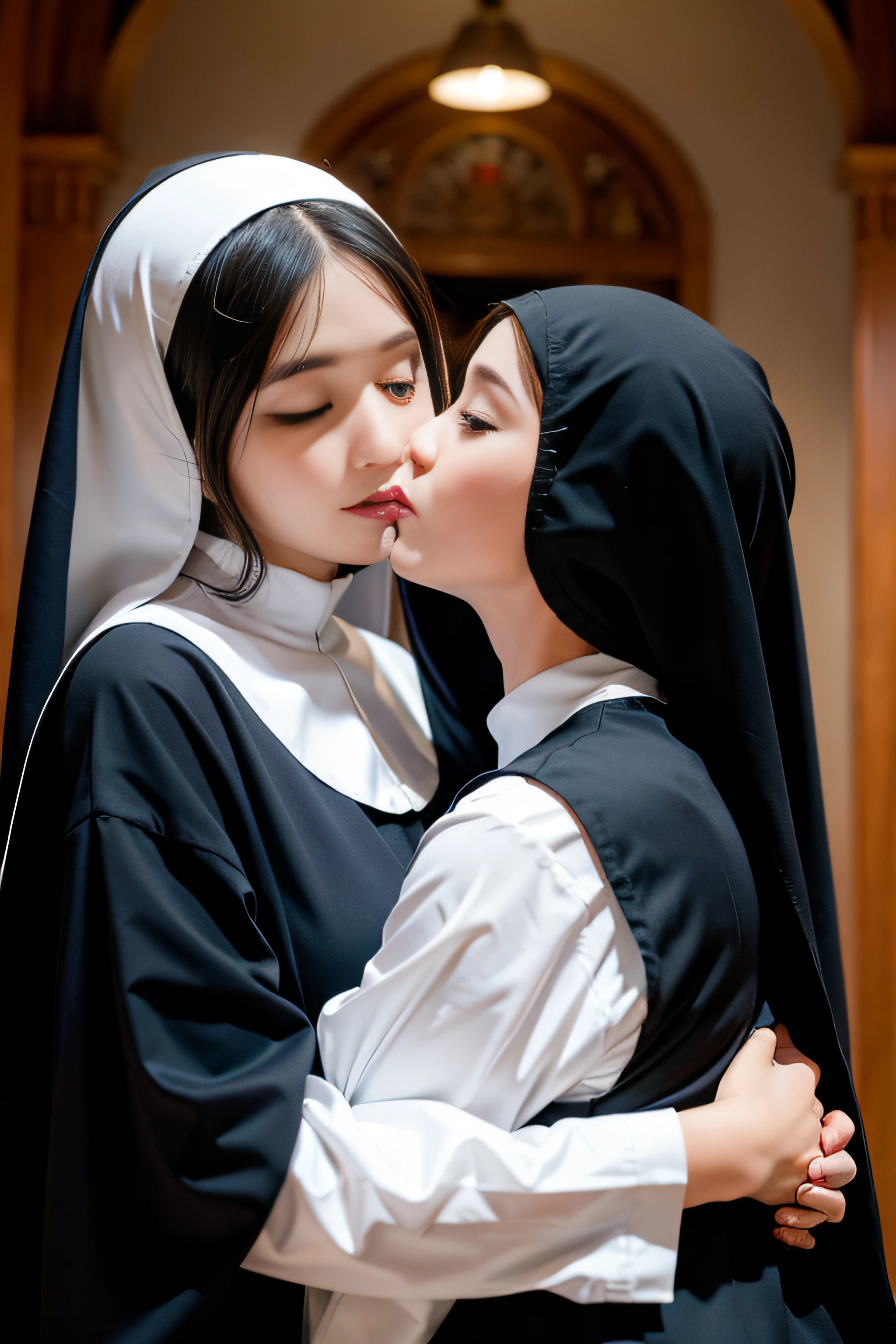 beautiful catholic nun hugging a pretty nun and French kissing
