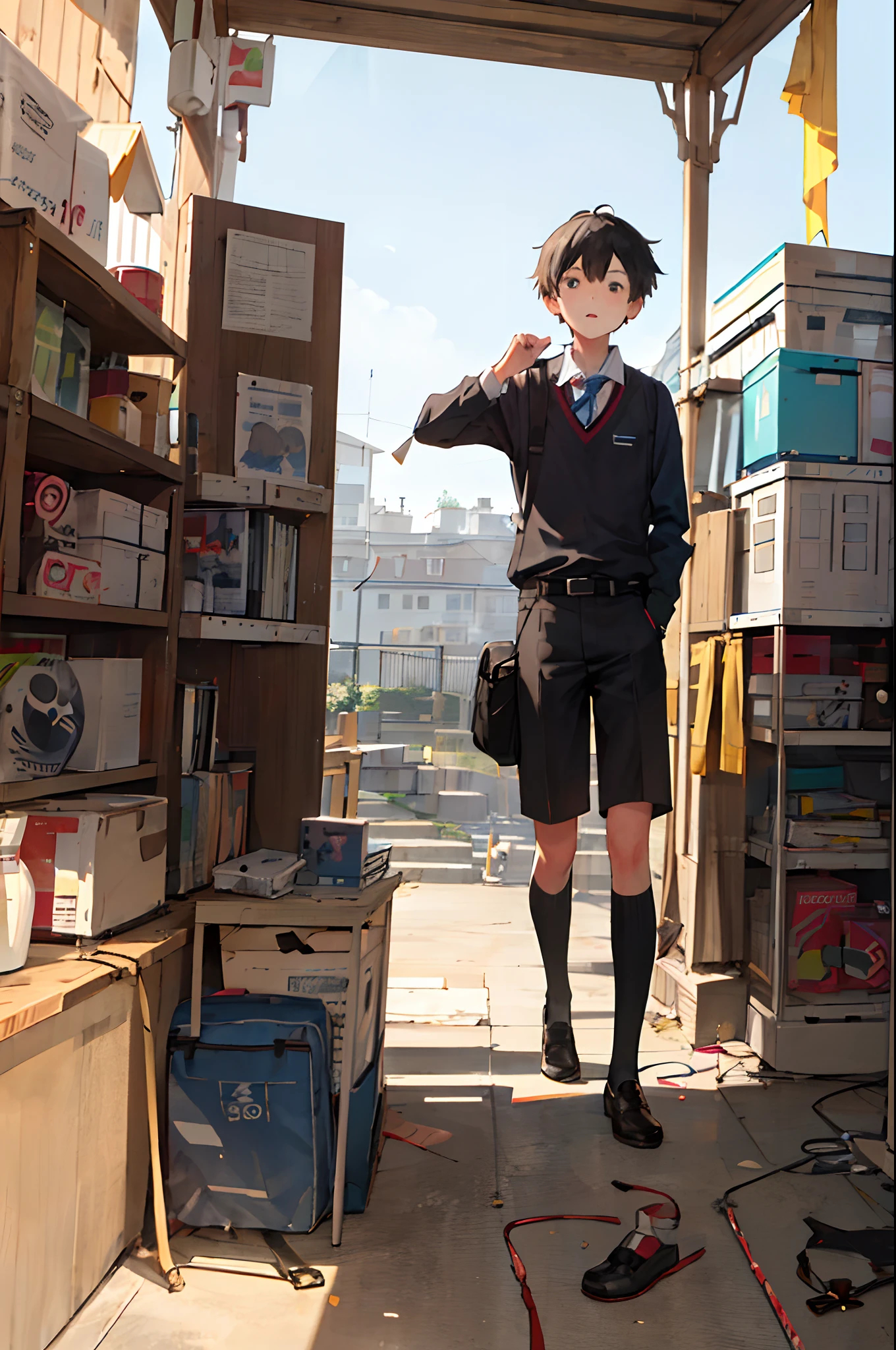 A young boy with a school bag flies a kite