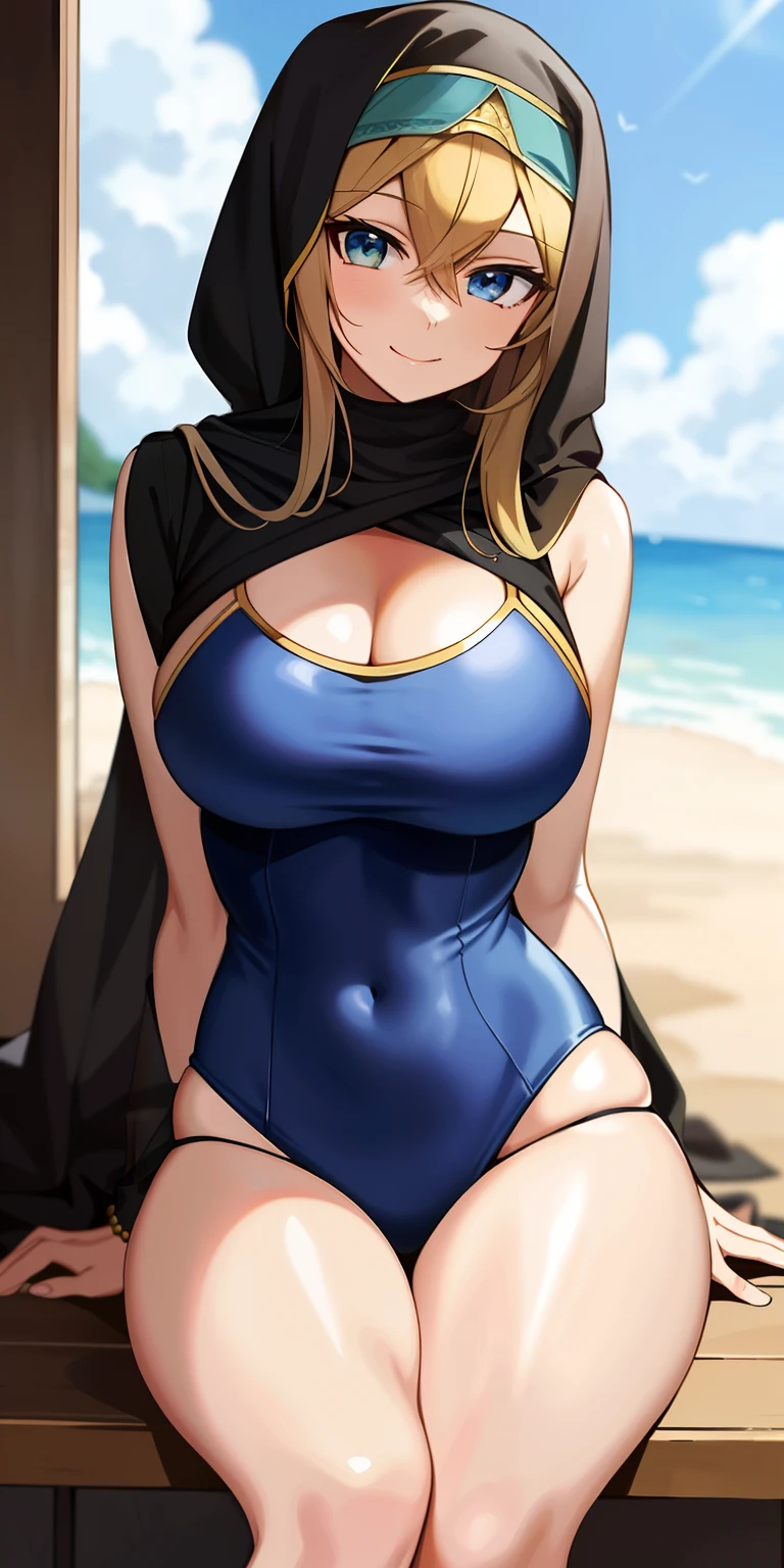 2d, masterpiece, best quality, anime, highly detailed, hijabi, swimsuit, cleavage, softsmile