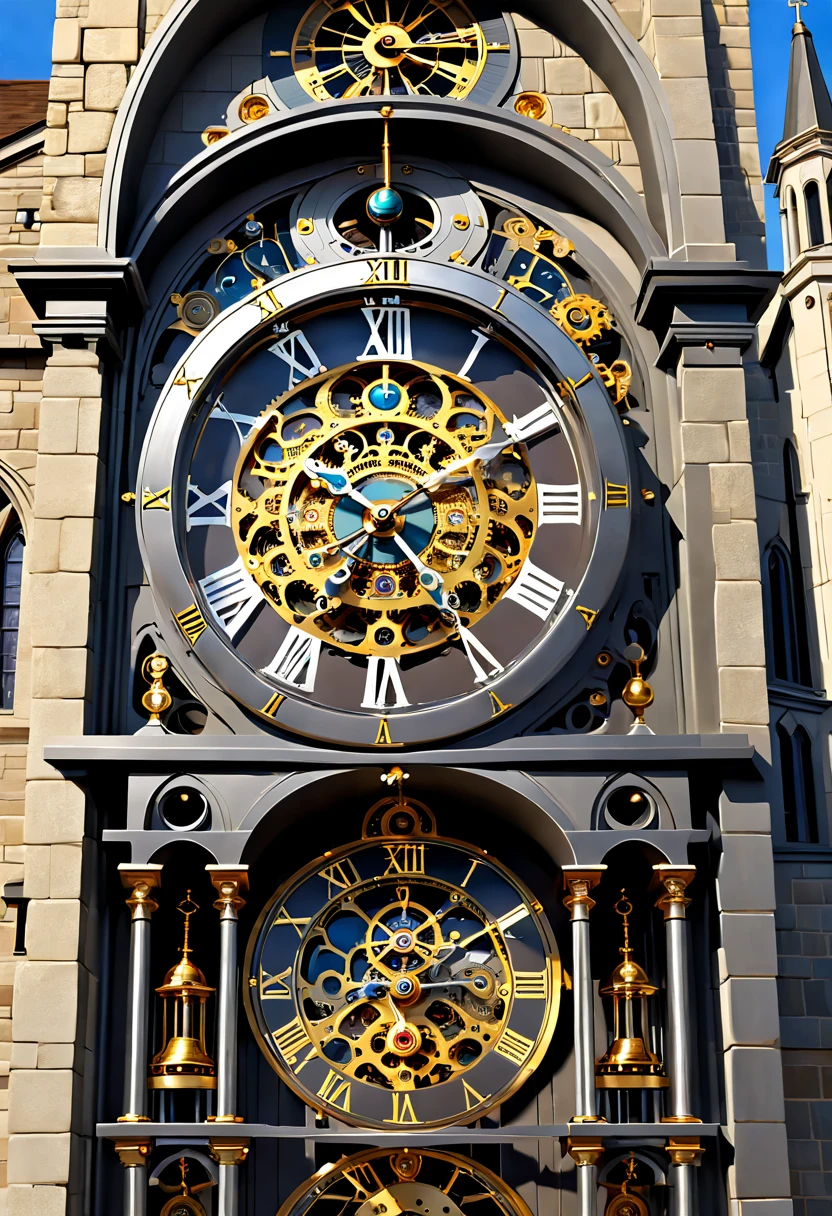 (8K, 16k, Award-winning, Highest quality, Highest resolution, Super detail, High detail, Anatomically correct, Masterpiece),UHR, Clock on the bell tower of the church,Ancient chronometric mechanism, delicate craftsmanship , A legendary mechanical clock, Rare and precious, Intricate details,Mechanical clocks are made of a metal called orichalcum, There are no gemstones, (The inside of the mechanical clock is engraved with ancient characters: 1.2), Impeccable, Platinum, White, Gold and silver, Church bell tower,cyber punk perssonage,Gigantic clock