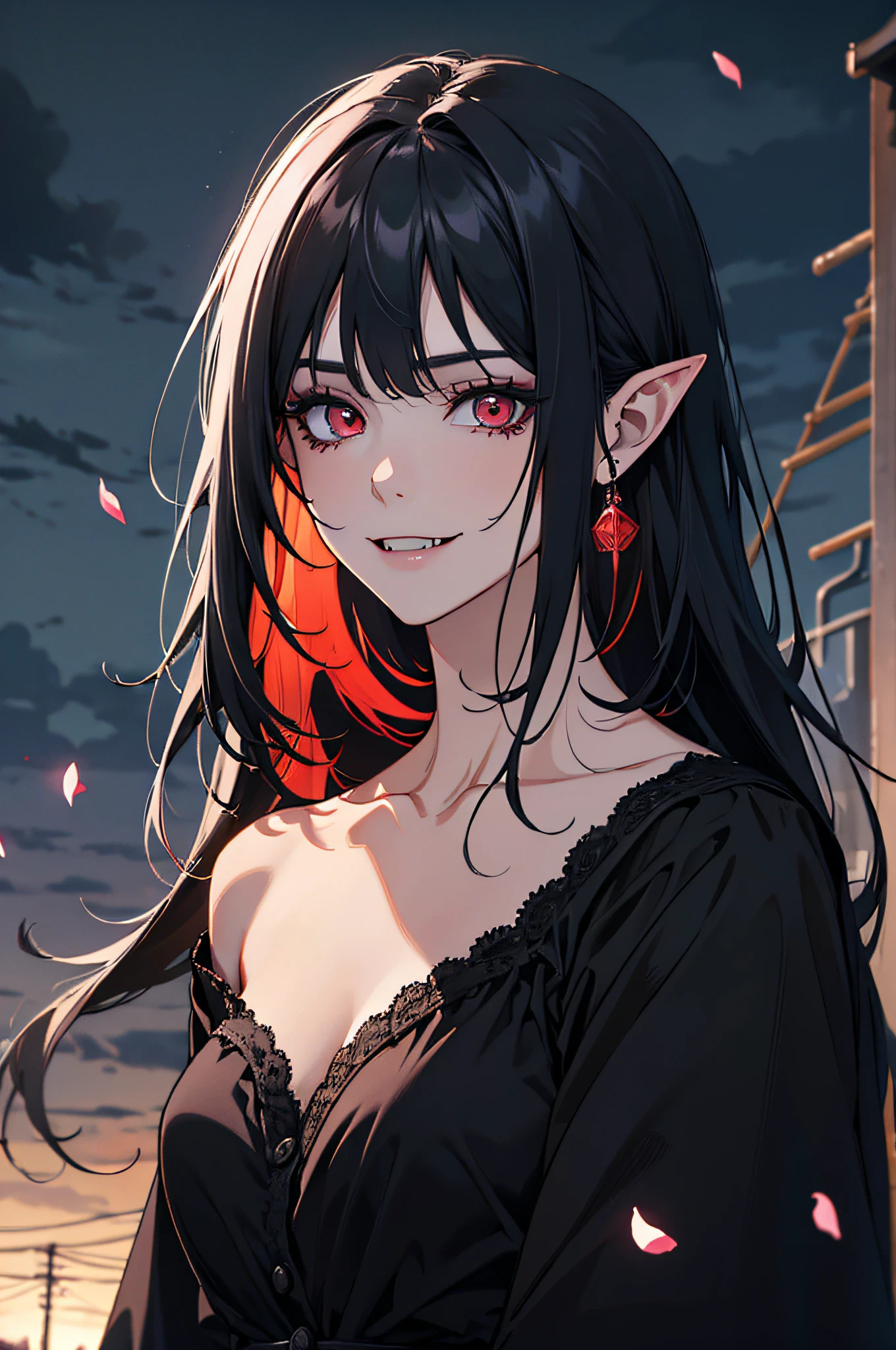 (absurdres, highres, ultra detailed), 1 woman, adult, beautiful, white girl, fairy, pointy ears, long black hair, dark makeup red eyes, finely detailed eyes and detailed face, fantasy, night, dark theme, cinematic lighting, colorful, flying petal, cloudy sky, raining, black clothes, dark theme, night, dark nigth, detailed eyes, dark lighting, vampire, sharp fangs, smile, mouth slightly open