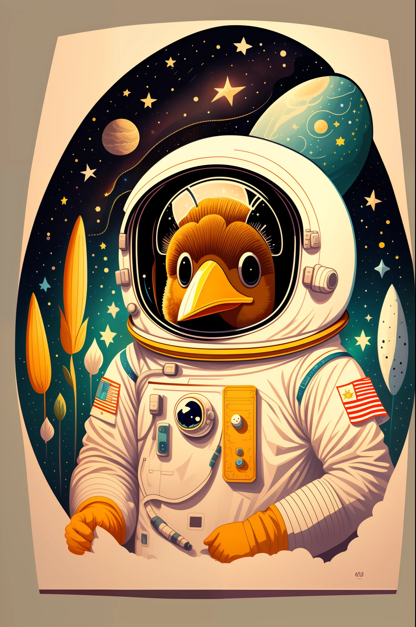 Illustration une poule astronaute, espace, Fiction scientifique, Personnage mignon, Fond clair, Fond d’éclaboussures abstraites, Conception de t-shirt, Art vectoriel