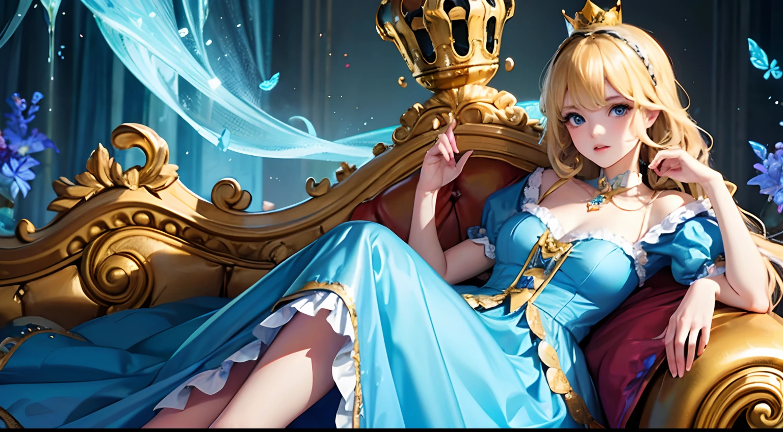 blonde princess with a golden crown and blue dress, Alice in Wonderland style image, strong and vibrant colors, images rich in details