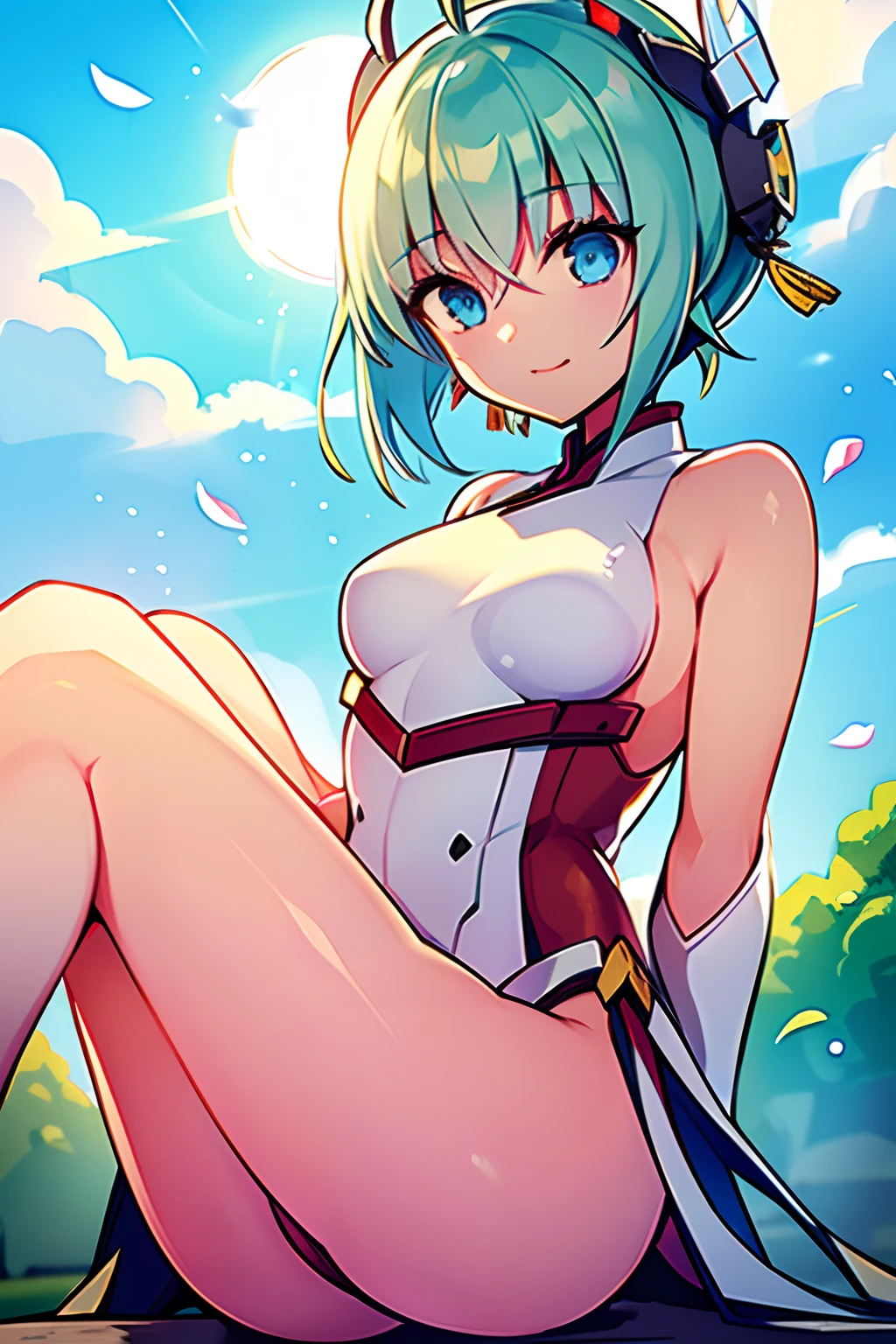 Gentle girl, blue eyes, green hair, short hair, mecha headgear, floating hair, delicate and flexible eyes, intricate damask hanfu, gorgeous accessories, wearing pearl earrings, FOV, f/1.8, masterpiece, ancient Chinese architecture, blue sky, flower petals flying, front portrait shot, Chang'e, side light, sunlight shining on people, 8K, red color