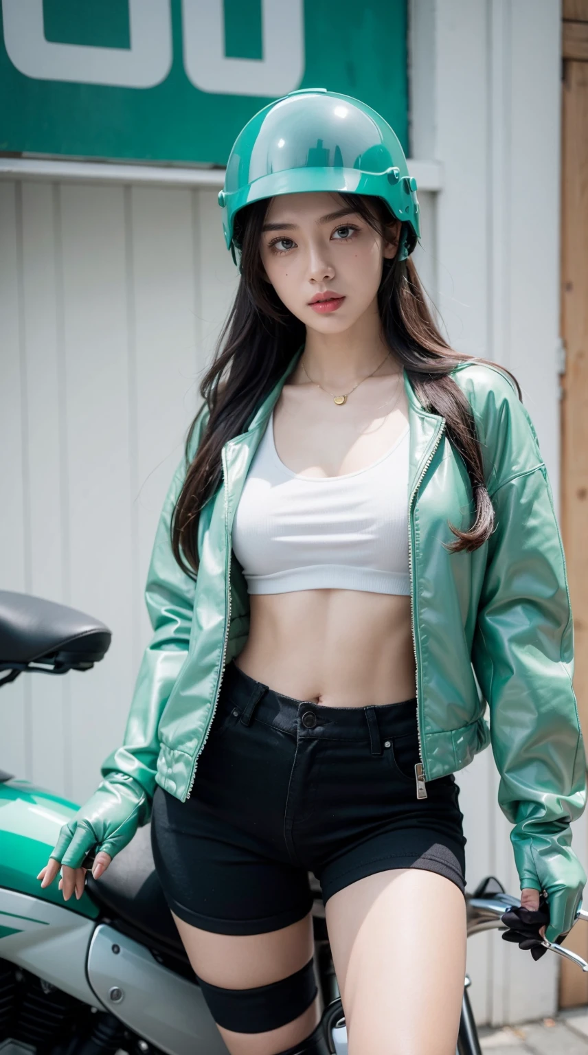 (masterpiece), best quality, expressive eyes, perfect indonesian face, cute woman, wide hips, (navel:0.2), wearing indonesian Go-Jek light green cropped jacket, (black striped cropped jacket:0.7), green biker jacket, (jacket with Goj logo), (Go-Jek logo), (wifi symbol:0.4), motorbike, (wearing seafoam green helmet),white striped helmet with Gojek logo, cleavage, ((gloves)), tight ultra low-rise (shorts:skirt:0.5), (breasts:0.3),(sexy_attire:0.25)