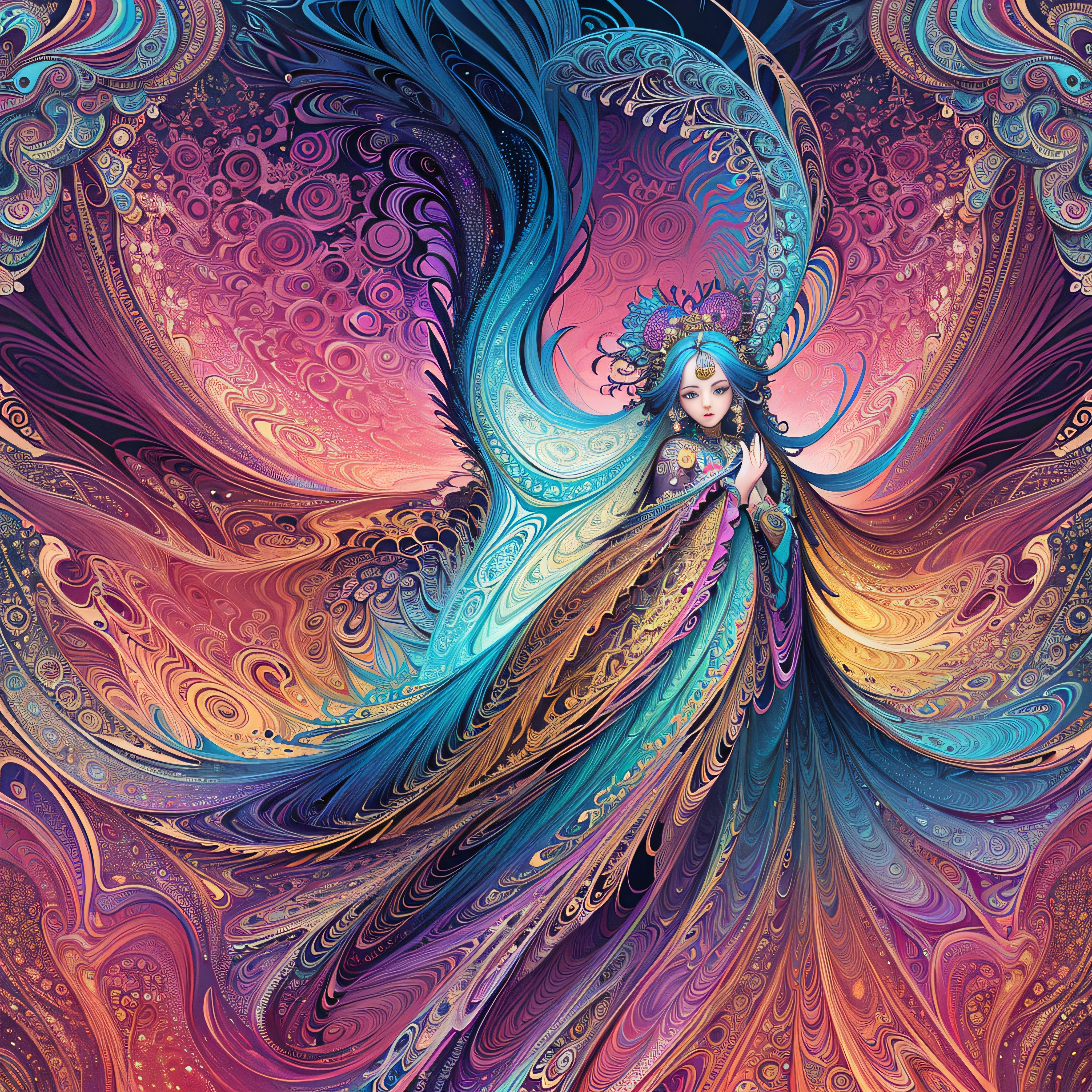 (masterpiece, top quality, best quality, official art, beautiful and aesthetic:1.2), (1girl:1.3), extremely detailed,(fractal art:1.2),colorful,highest detailed,(zentangle:1.2), (dynamic pose), (abstract background:1.5), (treditional dress:1.2), (shiny skin), (many colors:1.4), upper body