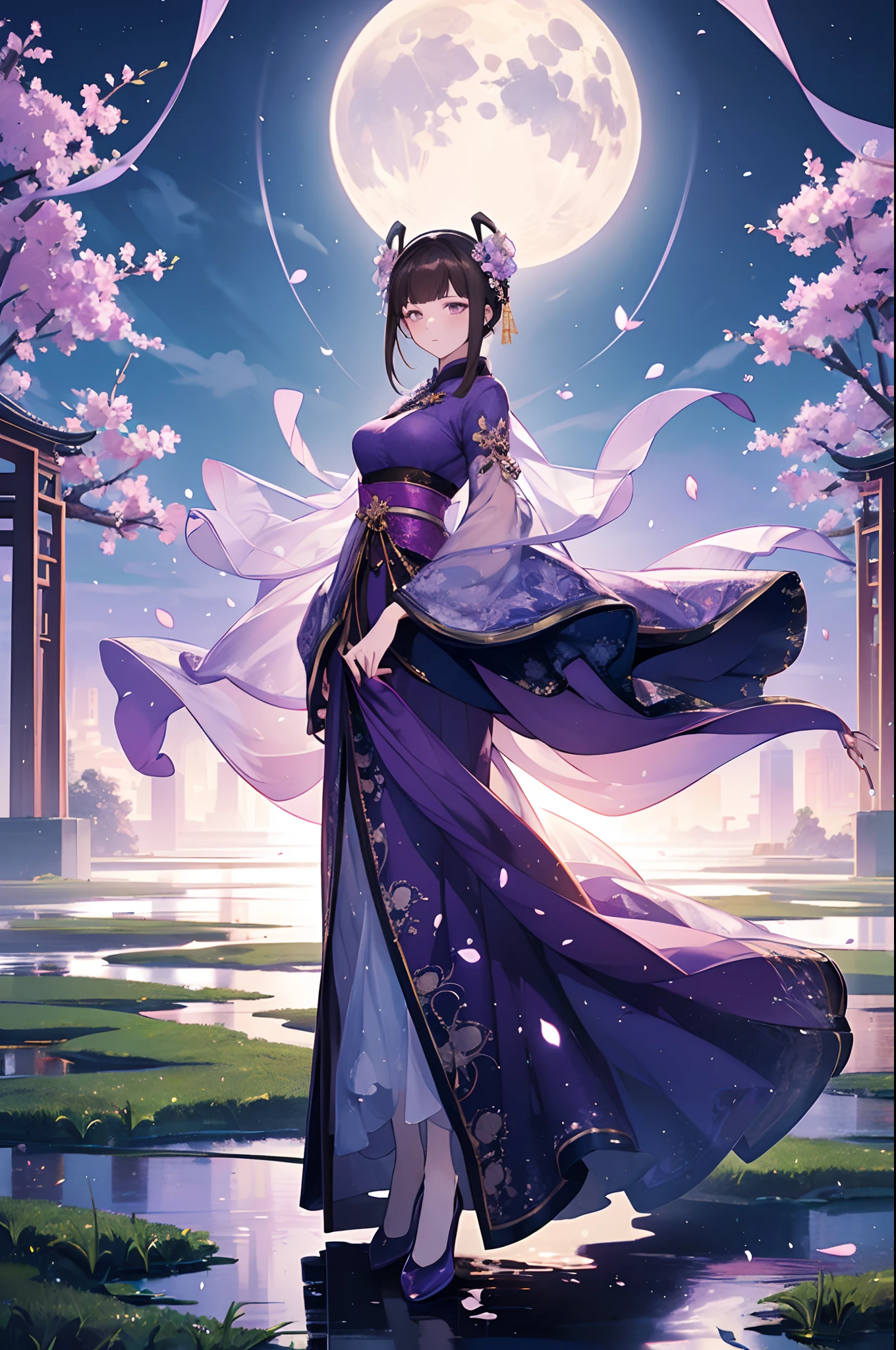 (Best quality,A high resolution,Clear image:1.2),Ultra-detailed background,Beautiful woman,standing on your feet，Purple dress，Chinese style clothes,Delicate petals,Garden scene,Under the moonlight,Romantic atmosphere,Dutch Angle Shot,Soft lighting,shelmet