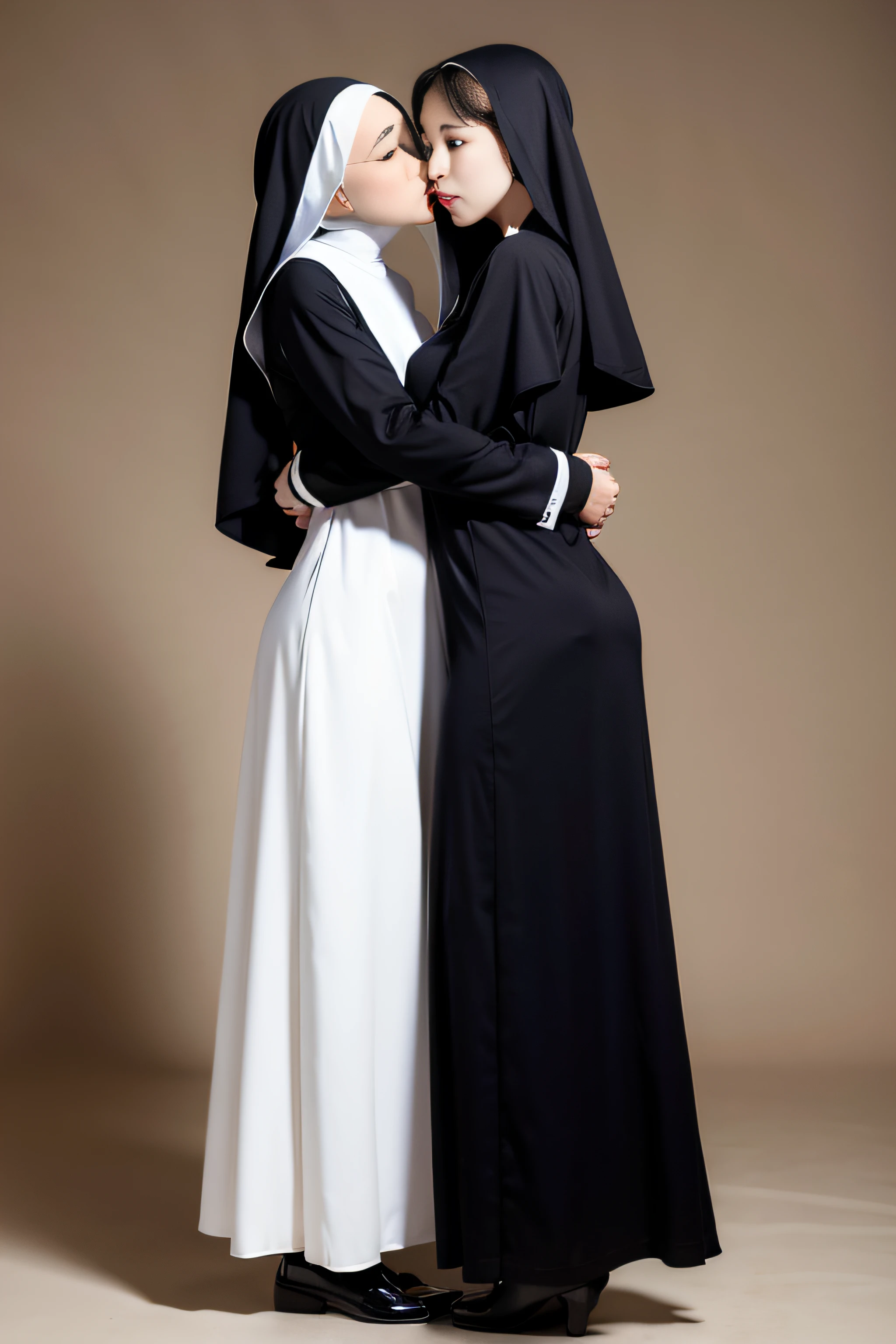 beautiful catholic nun hugging a pretty nun and French kissing. Full body hand on ass