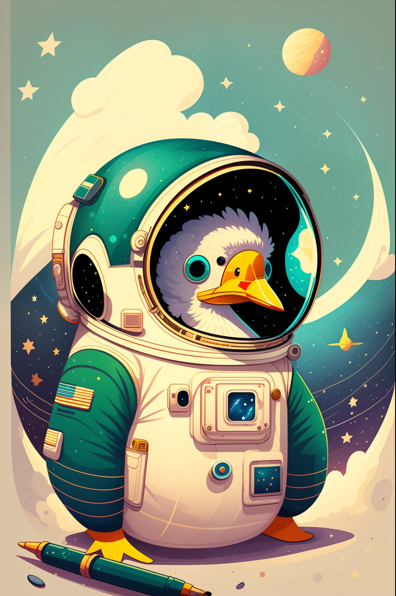 Illustration une poule astronaute, espace, Fiction scientifique, Personnage mignon, Fond clair, Fond d’éclaboussures abstraites, Conception de t-shirt, Art vectoriel