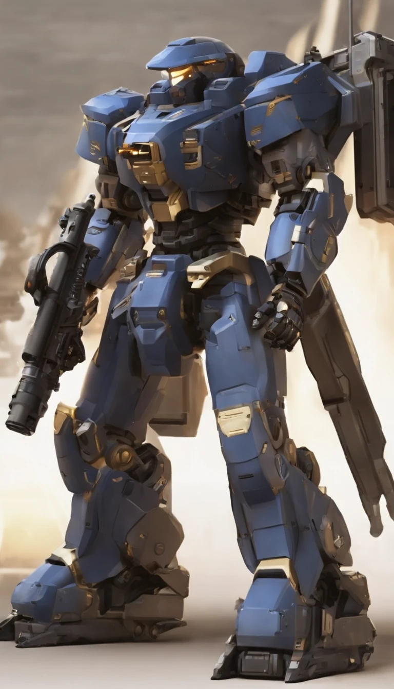 A power mecha with a sense of future military technology，Armed with a Gatling gun in his left hand，One on the left shoulder is equipped with a missile launcher，Equipped with a plasma cannon on the right shoulder，Two meters high，military，mirai，high - tech，mechs，The style is hyper-realistic