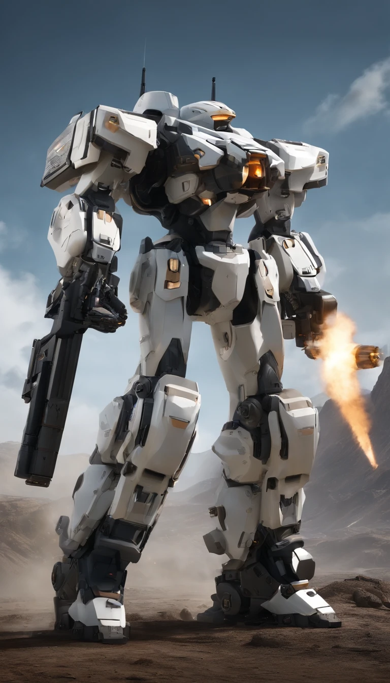 A power mecha with a sense of future military technology,Armed with a Gatling gun in his left hand,One on the left shoulder is equipped with a missile launcher,Equipped with a plasma cannon on the right shoulder,Two meters high,military,mirai,high - tech,mechs,The style is hyper-realistic