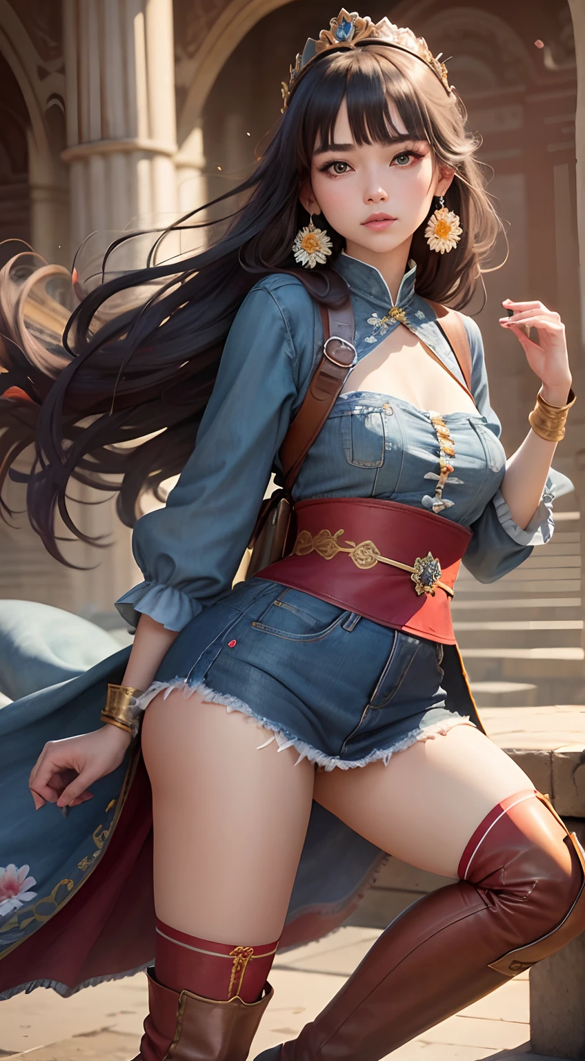 Best Quality, masutepiece, ultra-detailhigh-resolution, (Realistic: 1.4), Watercolor style, Illustration, Dazzling background color,, Skinny Girl with Weapons, (solo exhibition: 1.2), (denim lens: 1.2), (Hair crown: 1.2), Traditional Chinese Dunhuang costumes, No strap, (Red Eyeliner: 1.2), (: 1.4), earrings, Dynamic Angle, Opera House, Messy_long_hair, inky, movie lights, lens_f lare, velvet, chrysanthemums, tassels, bow ribbon, Color embroidery,long boots,