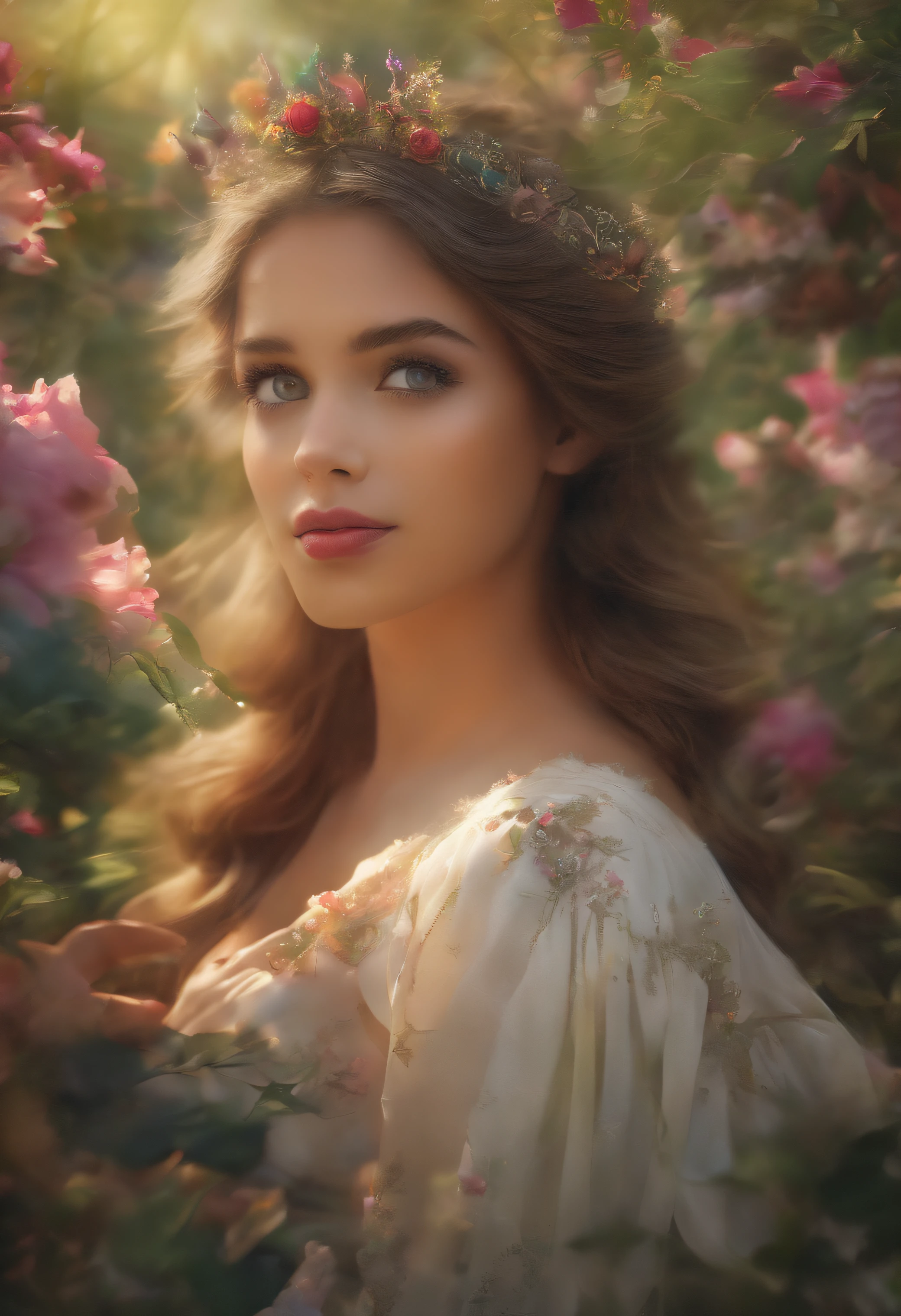 A girl in a garden,Medio:illustration,hermosos ojos detallados,hermosos labios detallados,Ojos y cara extremadamente detallados,long eyeslashes,Altas Resoluciones,Ultra detallado,fotorrealista,vivid colors,Bokeh,Retratos,warm tones,Soft lighting, (La mejor calidad,4k,8k,Altas Resoluciones,Obra maestra:1.2),Ultra detallado,(realista,fotorrealista,fotorrealista:1.37),classical,asombroso,hermosos ojos detallados,hermosos labios detallados,Ojos y cara extremadamente detallados,long eyeslashes,oil painting style,Textura del lienzo,vestido anticuado,Golden lighting,Garden landscape,flores coloridas,romantic ambiente,Colores vintage,luz solar suave,serene expression,Pose elegante