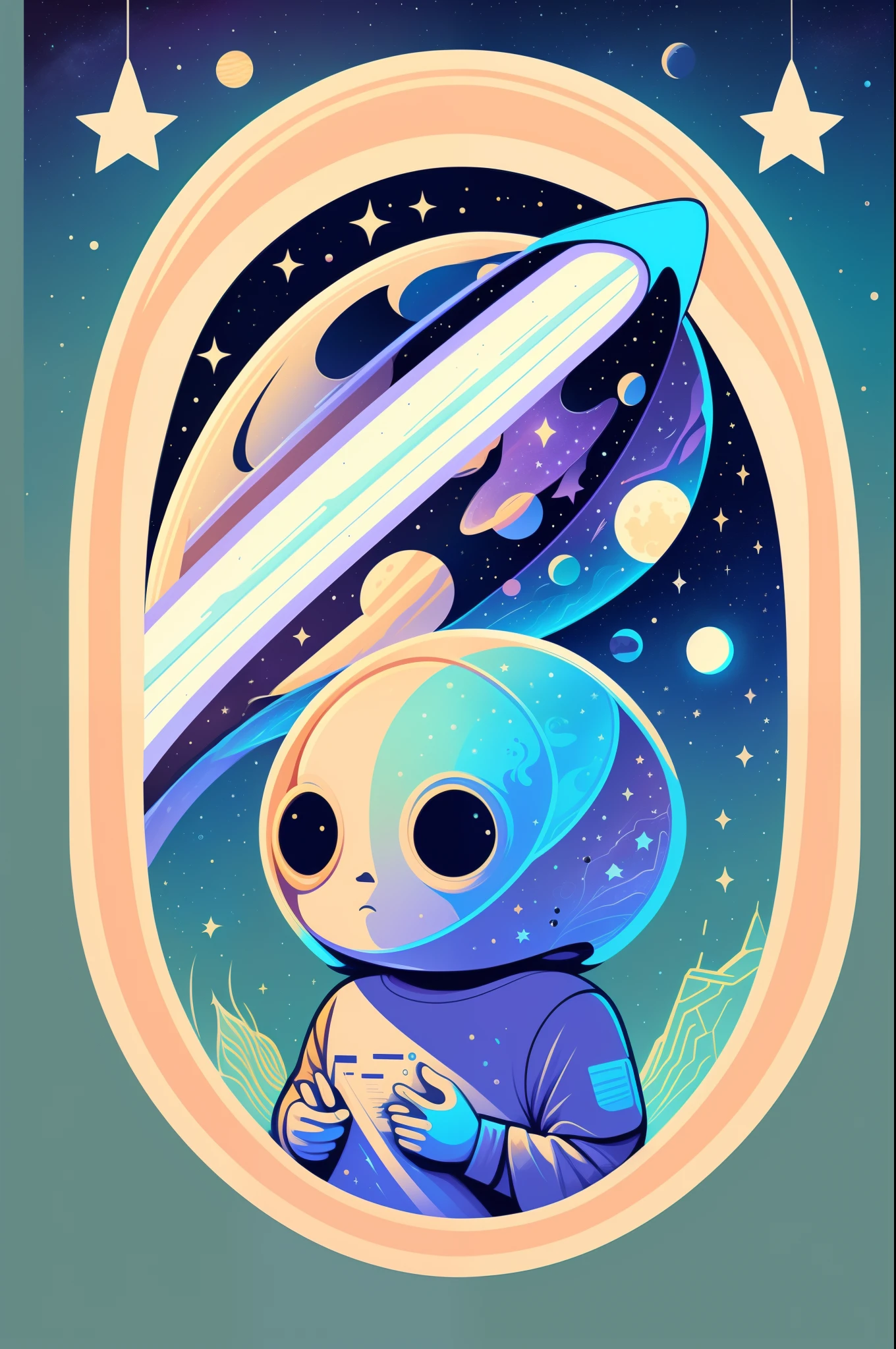 Illustration un extraterrestre , espace, Fiction scientifique, Personnage mignon, Fond clair, Fond d’éclaboussures abstraites, Conception de t-shirt, Art vectoriel