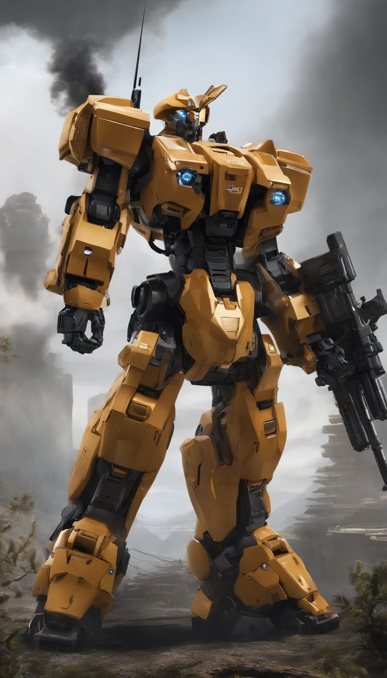A power mecha with a sense of future military technology，Armed with a Gatling gun in his left hand，One on the left shoulder is equipped with a missile launcher，Equipped with a plasma cannon on the right shoulder，2 meters high，military，mirai，high - tech，mechs，The style is hyper-realistic