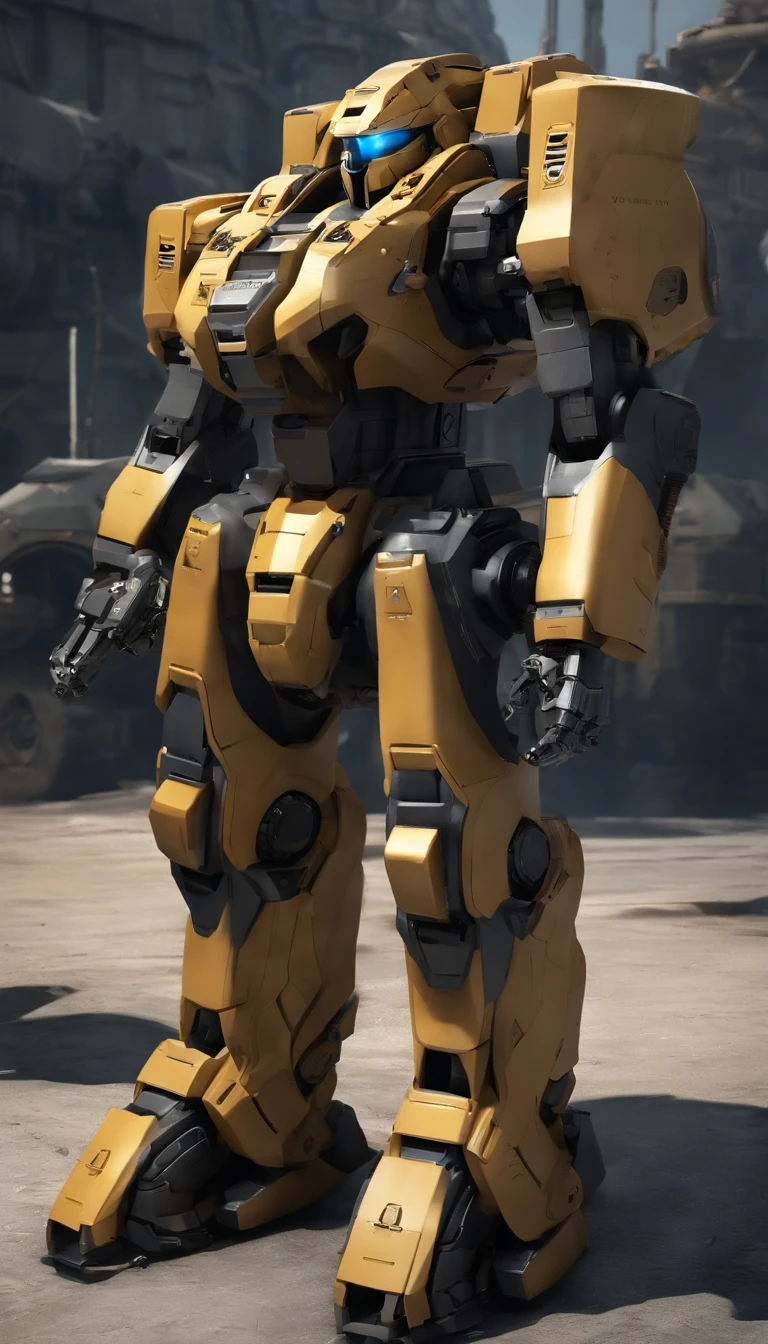 A power mecha with a sense of future military technology，Armed with a Gatling gun in his left hand，One on the left shoulder is equipped with a missile launcher，Equipped with a plasma cannon on the right shoulder，2 meters high，military，mirai，high - tech，mechs，The style is hyper-realistic