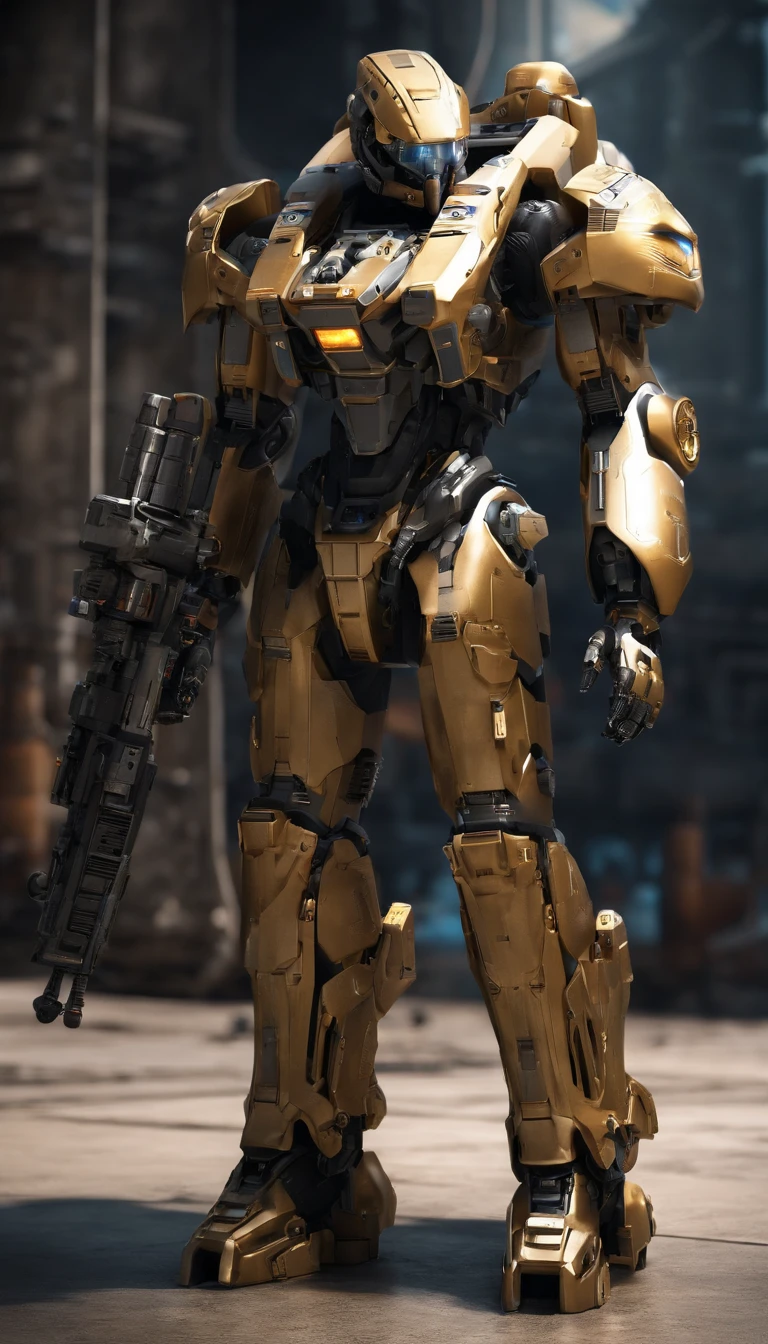 (best quality,highres),(military,future,high-tech:1.1),powerful mech suit,standing at 2 meters tall,armed with a Gatling gun in the left hand,a missile launcher on the left shoulder,and a plasma cannon on the right shoulder,ultra detailed,realistic,metallic texture,strong and sturdy construction,advanced hydraulic mechanisms,illuminated by neon lights,with intricate circuit patterns running across its surface,vivid colors,photorealistic,HDR lighting,sci-fi aesthetic