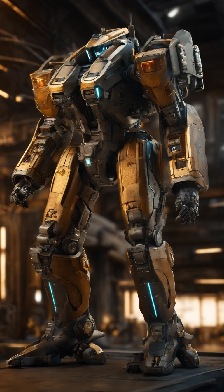 (best quality,highres),(military,future,high-tech:1.1),powerful mech suit,standing at 2 meters tall,armed with a Gatling gun in the left hand,a missile launcher on the left shoulder,and a plasma cannon on the right shoulder,ultra detailed,realistic,metallic texture,strong and sturdy construction,advanced hydraulic mechanisms,illuminated by neon lights,with intricate circuit patterns running across its surface,vivid colors,photorealistic,HDR lighting,sci-fi aesthetic