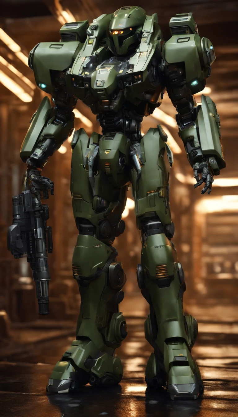 (best quality,highres),(military,future,high-tech:1.1),powerful mech suit,standing at 2 meters tall,armed with a Gatling gun in the left hand,a missile launcher on the left shoulder,and a plasma cannon on the right shoulder,ultra detailed,realistic,metallic texture,strong and sturdy construction,advanced hydraulic mechanisms,illuminated by neon lights,with intricate circuit patterns running across its surface,vivid colors,photorealistic,HDR lighting,sci-fi aesthetic