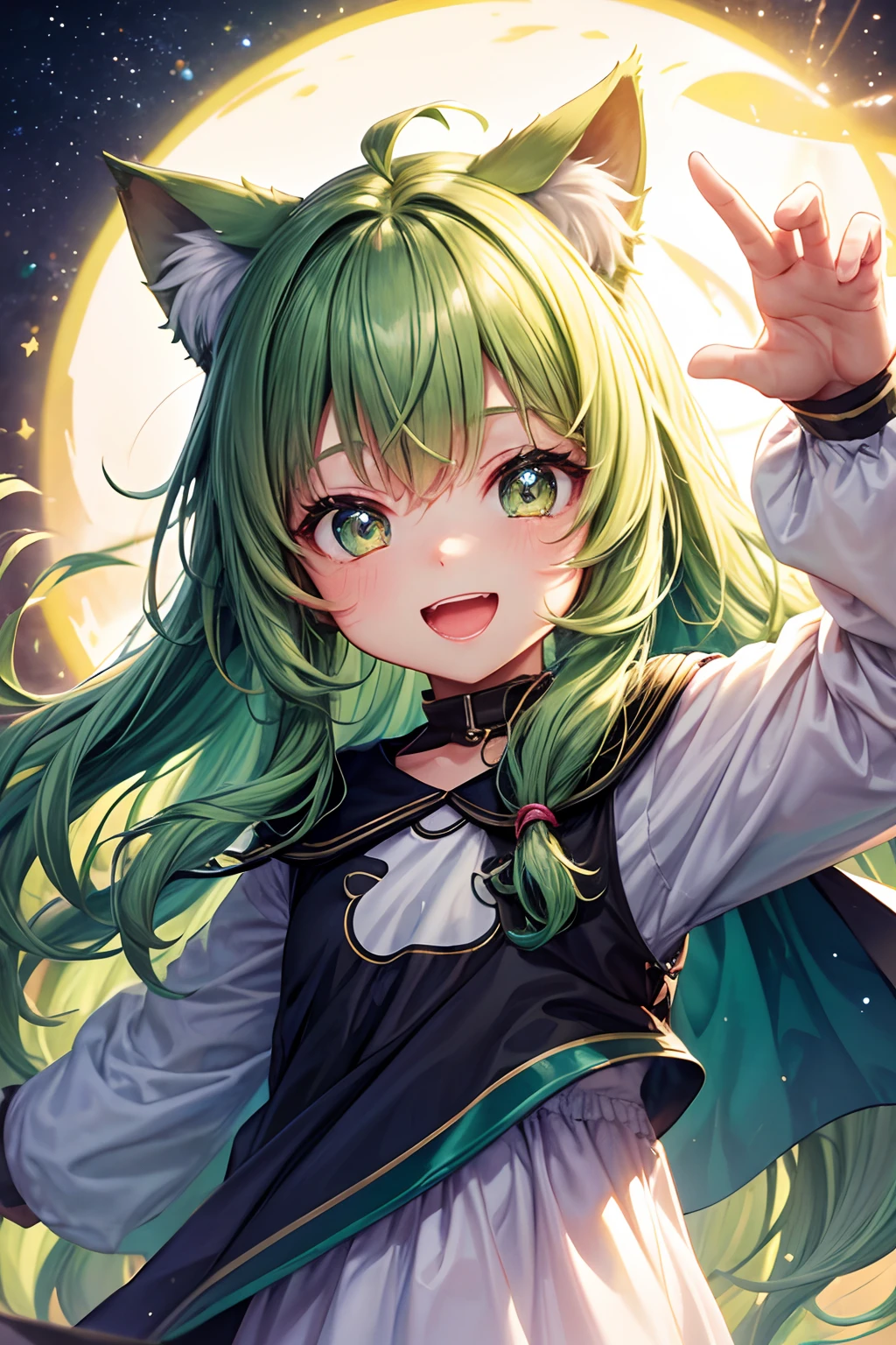 Top quality, high resolution, perfect human structure, background focus, front view, glowing hair, cat ears, green hair, 3 , child, mulored hair, laughing happily, star-shaped pupils , wavy hair