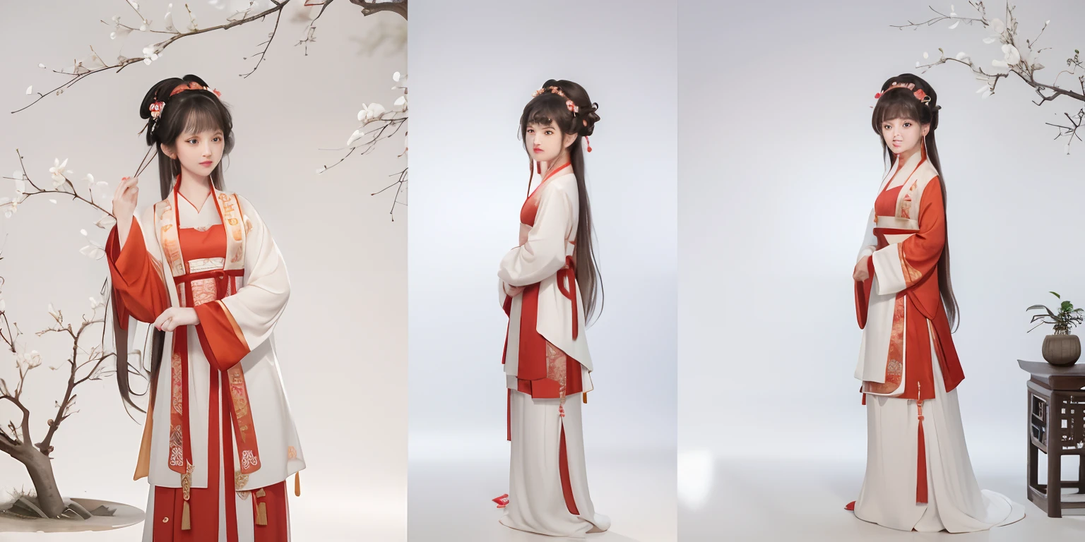 A woman in a red and white dress stands next to a tree, White Hanfu, Palace , A girl in Hanfu, trending on cgstation, Wearing ancient Chinese clothes, Hanfu, Inspired by Qiu Ying, with acient chinese clothes, Chinese costume, Princesa chinesa antiga, full-body xianxia, Inspired by Huang Ji