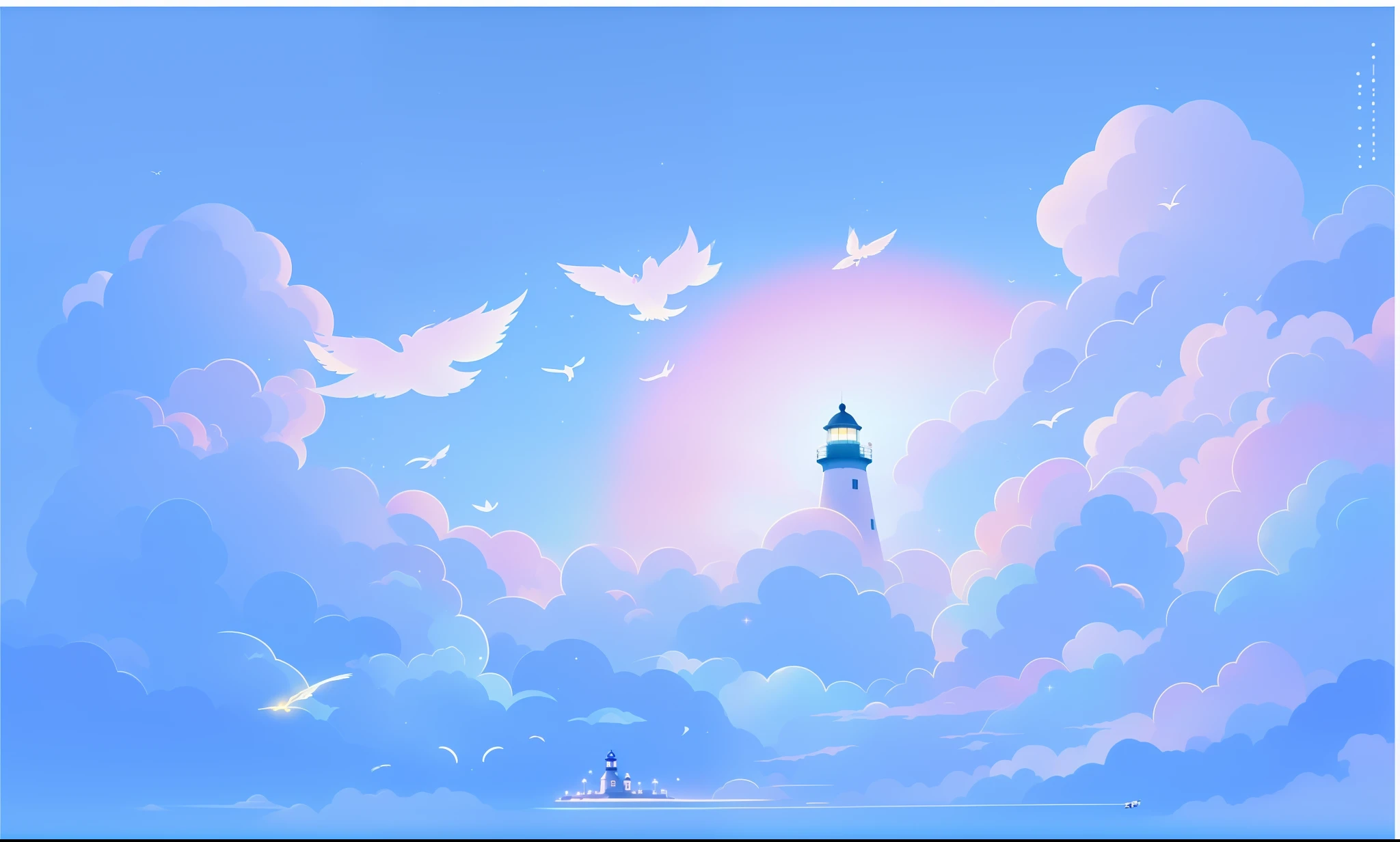 There are many birds flying in the sky above the lighthouse, dreamlike illustration, blurry and dreamy illustration, blurry and dreamy illustration, in the style of makoto shinkai, luminous sky heaven background, far away dreamy atmosphere, paradise background, magical dream-like atmosphere, Anime Sky, Anime Cloud, Makoto Shinkai Cyril Rolando, A beautiful artwork illustration