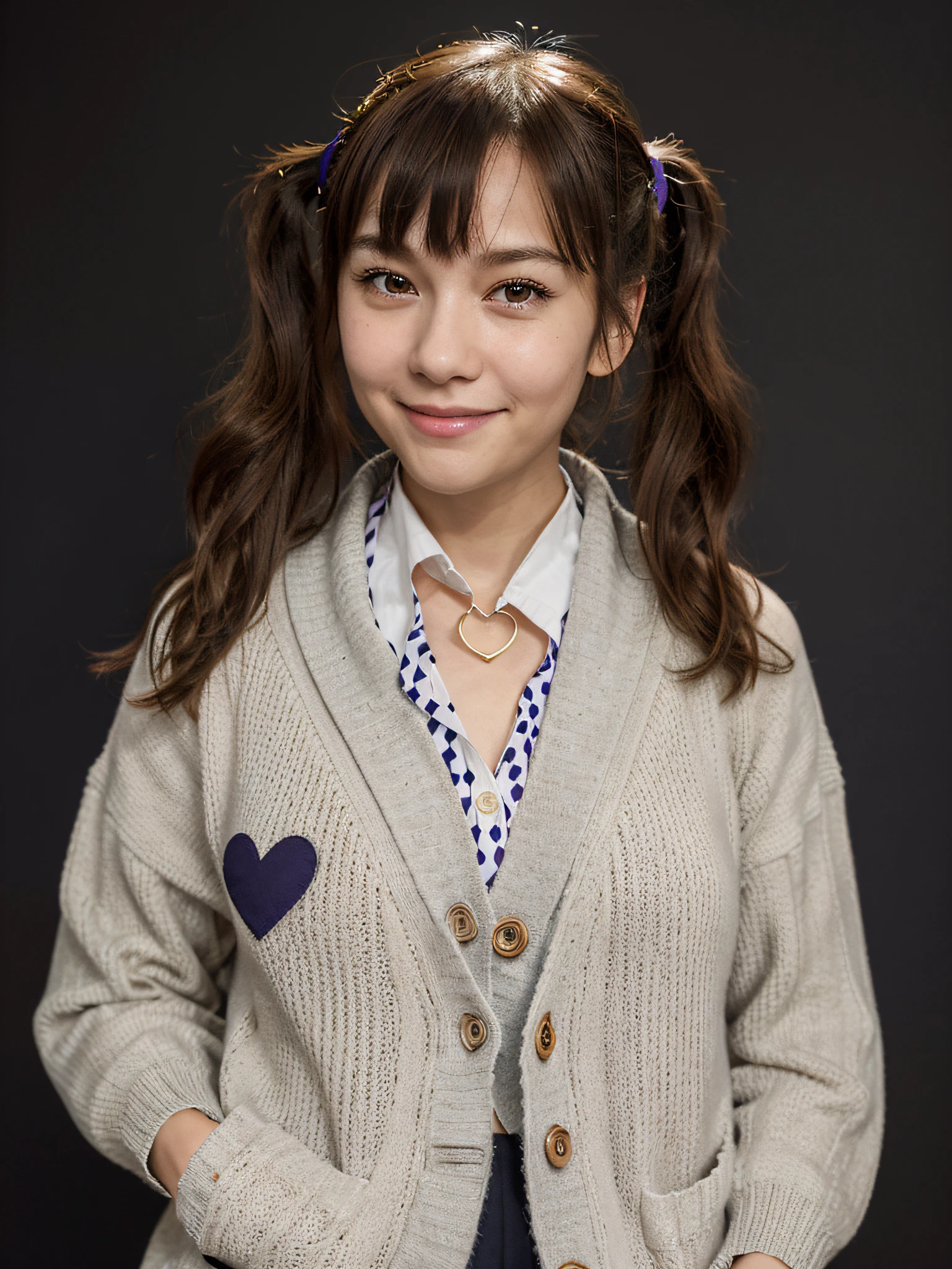 One grid style, 1girll, Solo, Brown hair, Heart, hair adornments, school uniform, Side ponytail, Smile, view the viewer, neckerchief, Upper body, heart-shaped hair ornament, Cardigan, Sailor collar, serafuku, Black sailor collar, bangs, Yellow eyes, Closed mouth, Long hair, Brown eyes, Purple scarf, Striped background, 鎖骨, streaked, polka dots, Star (symbol)