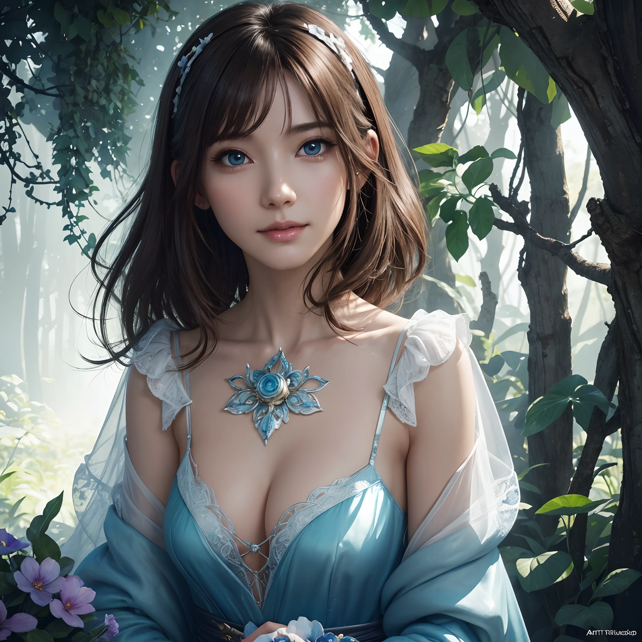 hightquality、8K Ultra HD、fullllbody、1 -yeld fee、Gentle smile、Rich facial expressions、beauty legs、robe blanche、light brown hair、Blue eyes、(In the background there is a lovely healing forest and wildflowers々Is)、Circle of Angels、cute little、Beautiful fece、portlate、art by:Alberto Seveso、Abstract art style、Complex and intricate watercolor painting 、digitial painting、concept-art、Volumetric lighting、TanvirTamim、metal reflective、2d render、8K。 by artgerm、Trending on ArtStation