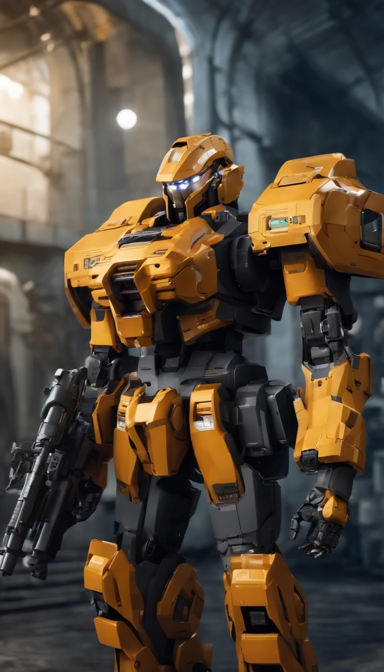 A power mecha with a sense of future military technology,Armed with a Gatling gun in his left hand,One on the left shoulder is equipped with a missile launcher,Equipped with a plasma cannon on the right shoulder,2 meters high,military,mirai,high - tech,mechs,Surreal art