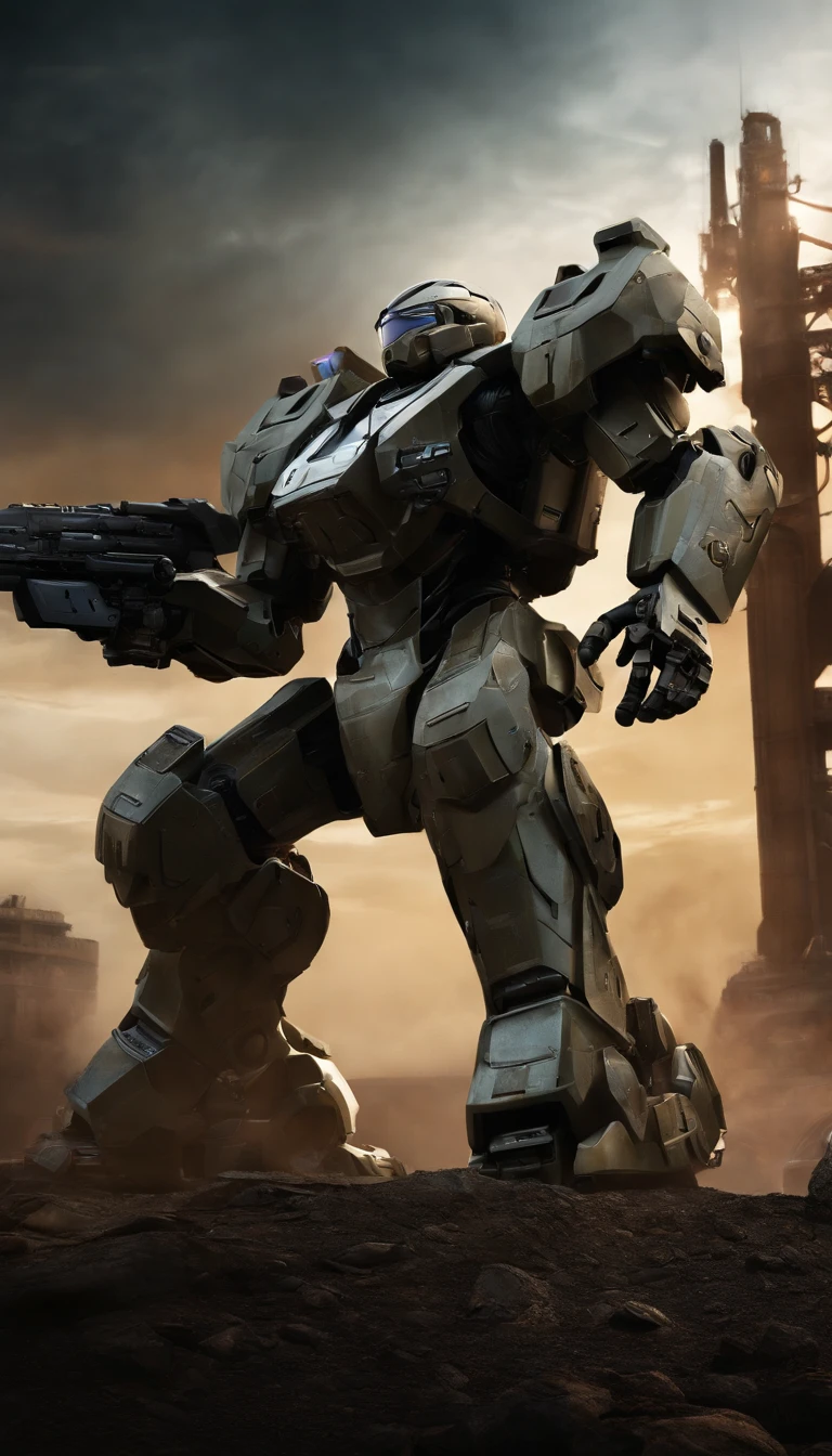 (best quality,highres,realistic:1.37),military,futuristic,high-tech,machine,mech suit,robotic armor,2-meter tall,advanced technology,powerful,mechanical design,combat-ready,armed,heavy-duty weaponry,gatling gun,missile launcher,plasma cannon,highly detailed,technologically advanced,ultra-realistic,sci-fi artwork,metallic texture,strong and sturdy,dystopian,warfare,warrior,post-apocalyptic,combat scene,action-packed,heroic pose,dramatic lighting,industrial setting,dark color palette