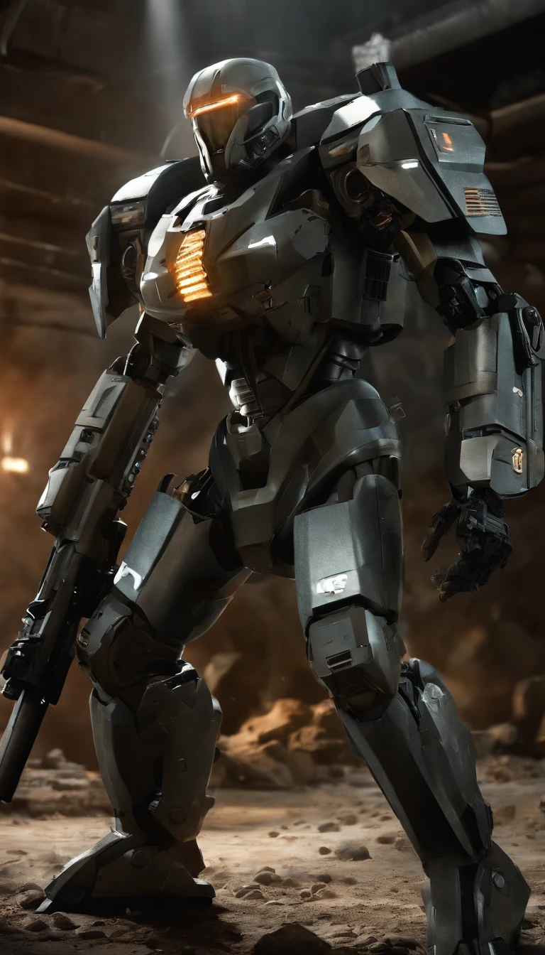 (best quality,highres,realistic:1.37),military,futuristic,high-tech,machine,mech suit,robotic armor,2-meter tall,advanced technology,powerful,mechanical design,combat-ready,armed,heavy-duty weaponry,gatling gun,missile launcher,plasma cannon,highly detailed,technologically advanced,ultra-realistic,sci-fi artwork,metallic texture,strong and sturdy,dystopian,warfare,warrior,post-apocalyptic,combat scene,action-packed,heroic pose,dramatic lighting,industrial setting,dark color palette