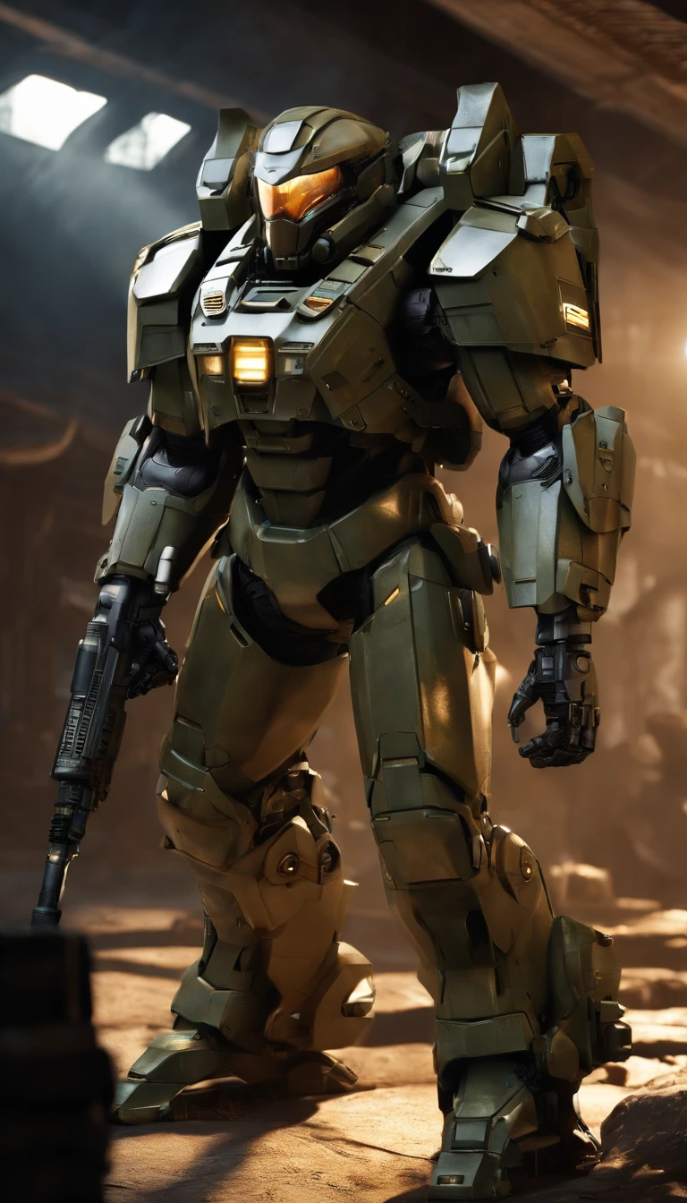 (best quality,highres,realistic:1.37),military,futuristic,high-tech,machine,mech suit,robotic armor,2-meter tall,advanced technology,powerful,mechanical design,combat-ready,armed,heavy-duty weaponry,gatling gun,missile launcher,plasma cannon,highly detailed,technologically advanced,ultra-realistic,sci-fi artwork,metallic texture,strong and sturdy,dystopian,warfare,warrior,post-apocalyptic,combat scene,action-packed,heroic pose,dramatic lighting,industrial setting,dark color palette