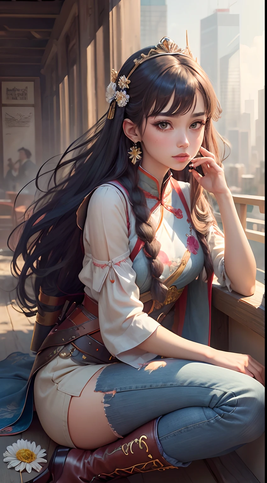 Best Quality, masutepiece, ultra-detailhigh-resolution, (Realistic: 1.4), Watercolor style, Illustration, Dazzling background color,, Skinny Girl with Weapons, (solo exhibition: 1.2), (denim lens: 1.2), (Hair crown: 1.2), Traditional Chinese Dunhuang costumes, No strap, (Red Eyeliner: 1.2), (: 1.4), earrings, Dynamic Angle, Opera House, Messy_long_hair, inky, movie lights, lens_f lare, velvet, chrysanthemums, tassels, bow ribbon, Color embroidery,long boots,