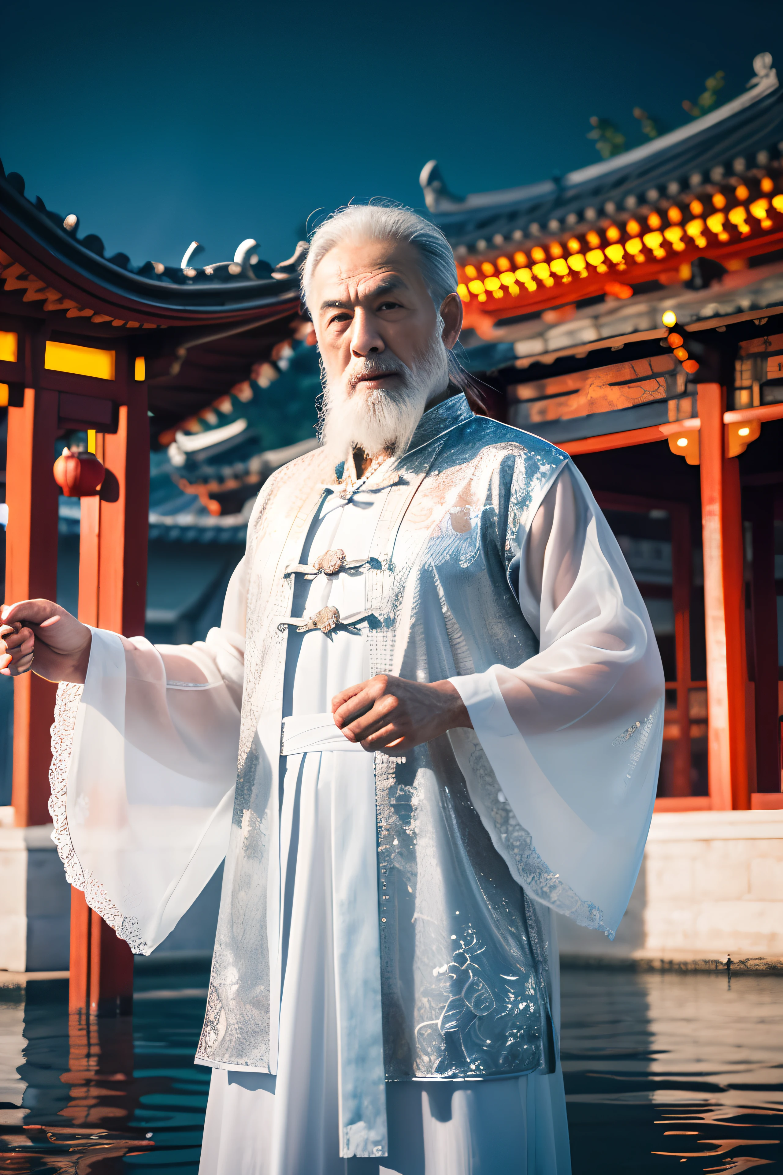 old guy, 75 years old, Asian, master work, best picture quality, higher quality, high detail, super high resolution, 8k resolution, perfect eyes, realistic skin, perfect hands, big muscles, tattoos, glowing eyes, long gray hair, beard, hair details, detailed background , open Hanfu transparent tulle jacket, ((white clothes with silver decoration)), Chinese garden background, Chinese kung fu, dragon-themed costumes, monk robes, spinning floating particles, chinese temple in background, looking at viewer