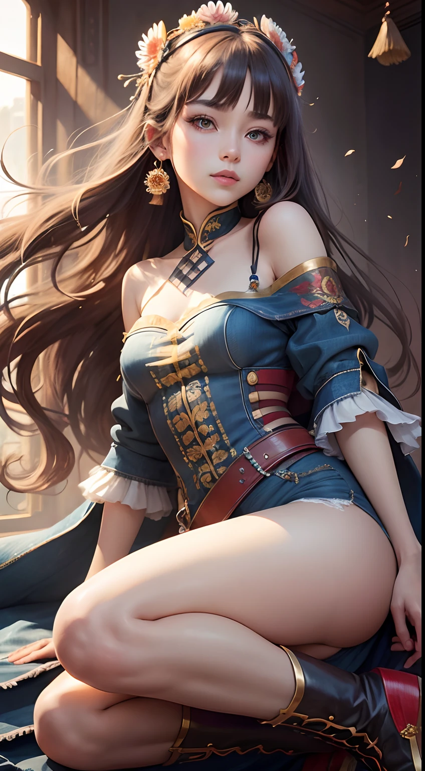 Best Quality, masutepiece, ultra-detailhigh-resolution, (Realistic: 1.4), Watercolor style, Illustration, Dazzling background color,, Skinny Girl with Weapons, (solo exhibition: 1.2), (denim lens: 1.2), (Hair crown: 1.2), Traditional Chinese Dunhuang costumes, No strap, (Red Eyeliner: 1.2), (: 1.4), earrings, Dynamic Angle, Opera House, Messy_long_hair, inky, movie lights, lens_f lare, velvet, chrysanthemums, tassels, bow ribbon, Color embroidery,long boots,
