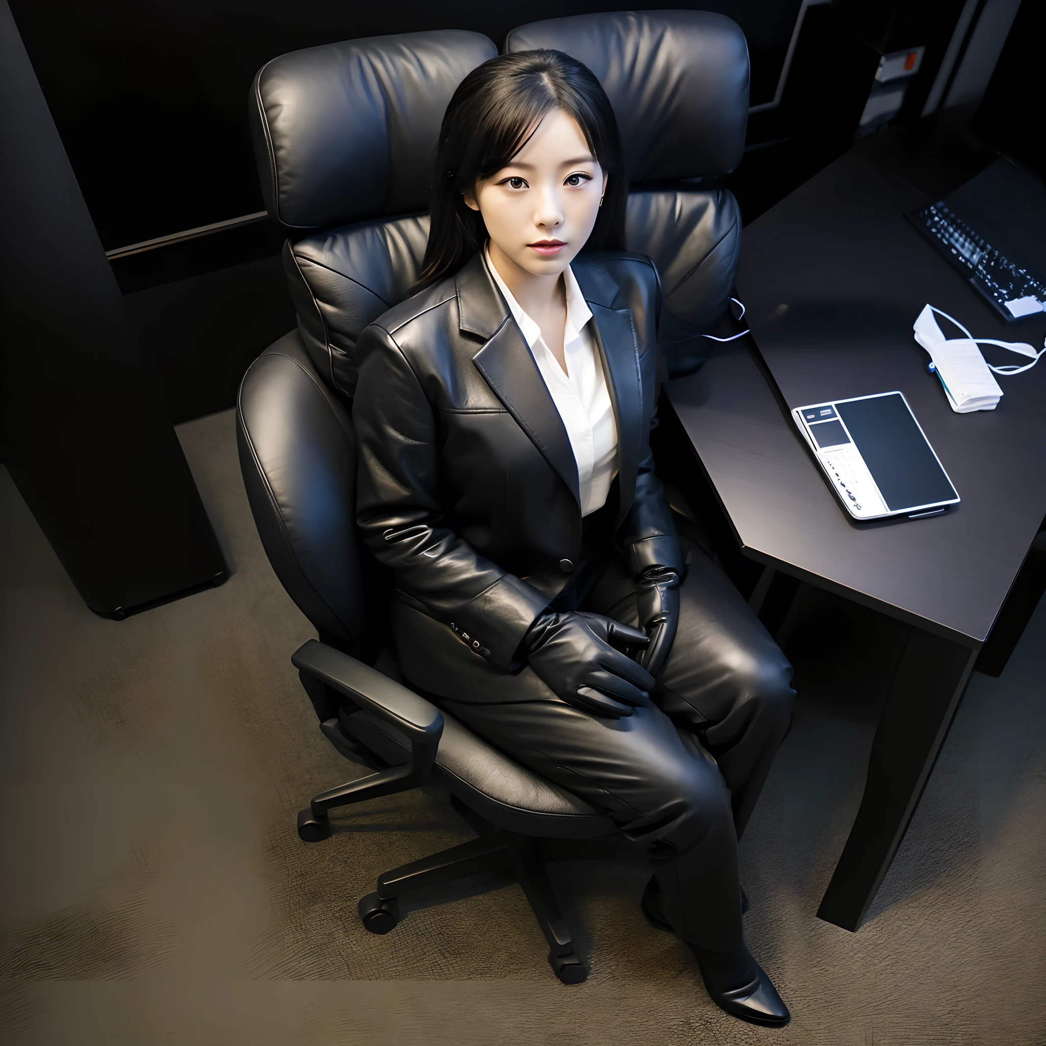 Wearing a black business pantsuit, Office in the Dark, facing a desk、While looking at the screen, tap the keys on the black laptop keyboard with the fingertips of the black leather gloves,Sitting on a large chair with a black leather backrest、 Black hair was tied back for a long time, Japan Female New Employees (Black leather gloves cover both hands) (The angle is frontal)、Black leather long boots