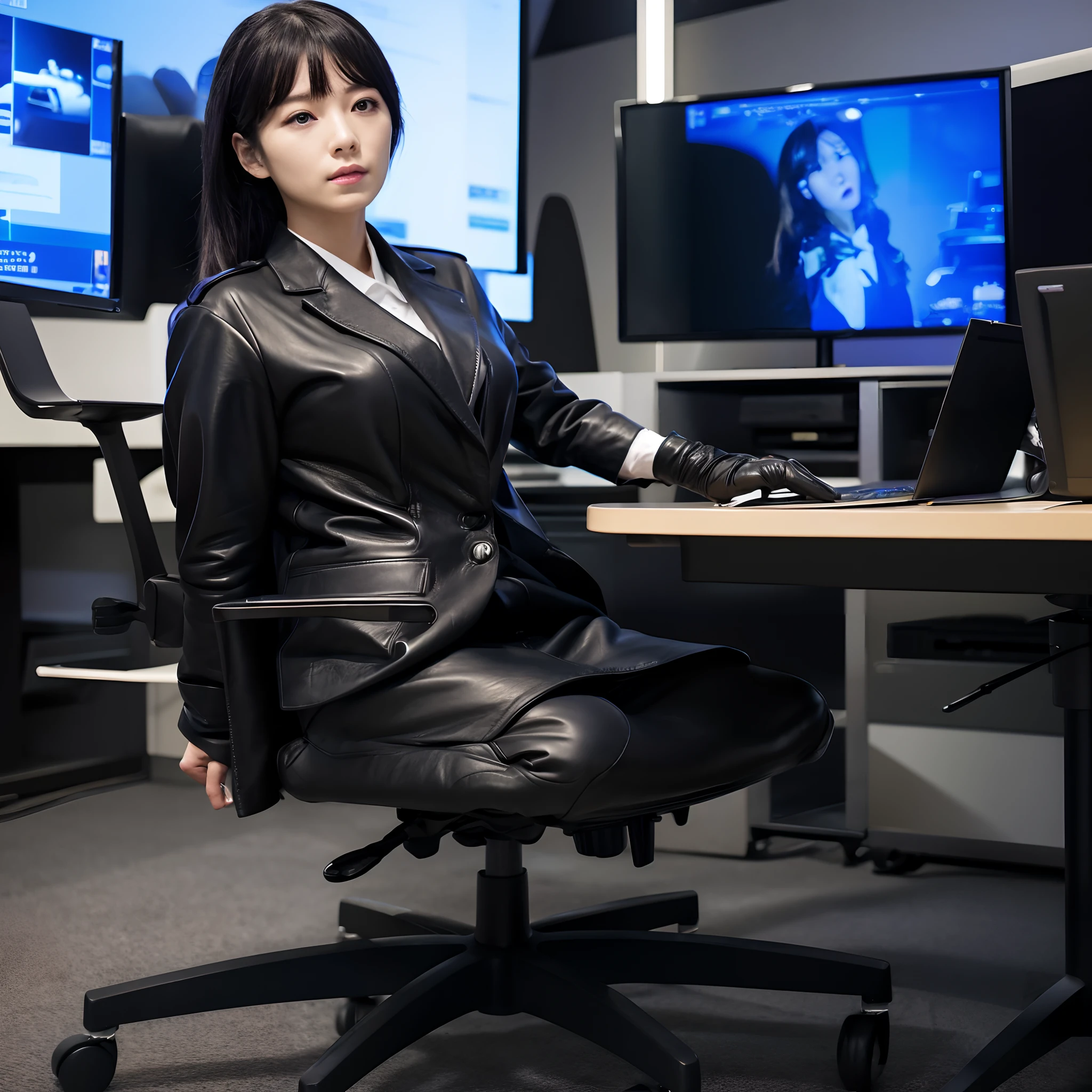 Wearing a black business pantsuit, Office in the Dark, facing a desk、While looking at the screen, tap the keys on the black laptop keyboard with the fingertips of the black leather gloves,Sitting on a large chair with a black leather backrest、 Black hair was tied back for a long time, Japan Female New Employees (Black leather gloves cover both hands) (The angle is frontal)、Black leather long boots